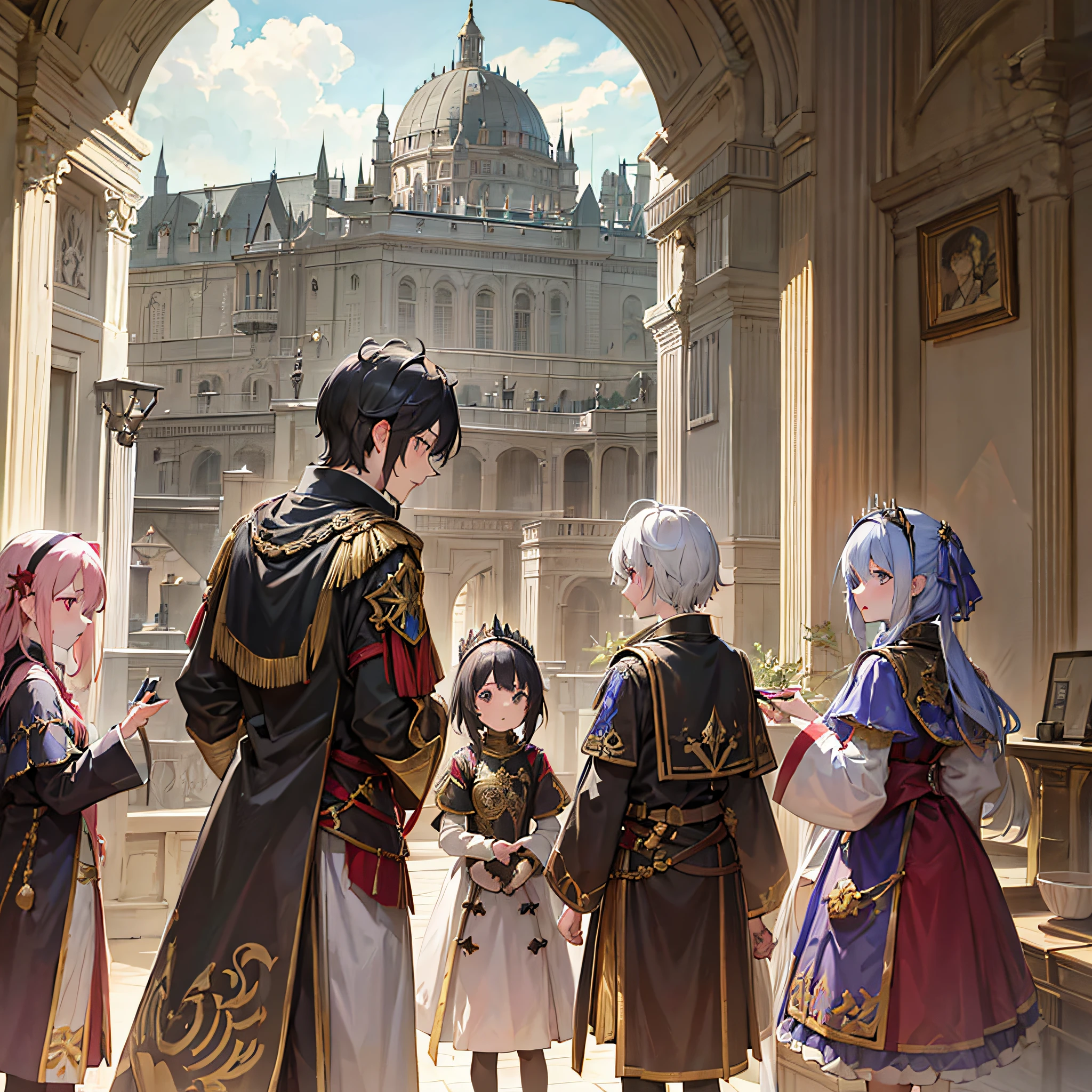 Five children, who play as emperors, knights, poets, swordsmen, and generals, look together at a magnificent palace with a black dragon gazing at them --auto --s2