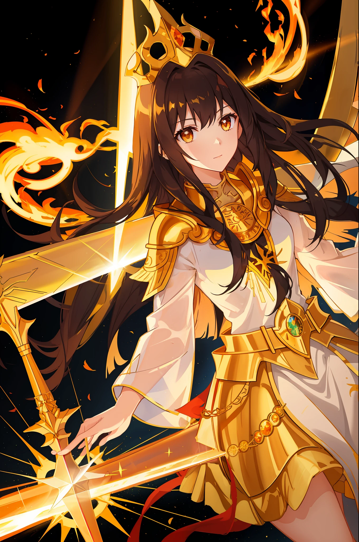 1girl, sun empress, pyramid backgrounds, holy sun staff, phoenix dragon in sky, highly saturating sunbeams, holy ceremony,medium shot portrait of a brunette woman in golden armor dress,  ruins background, dynamic pose, giant sword
