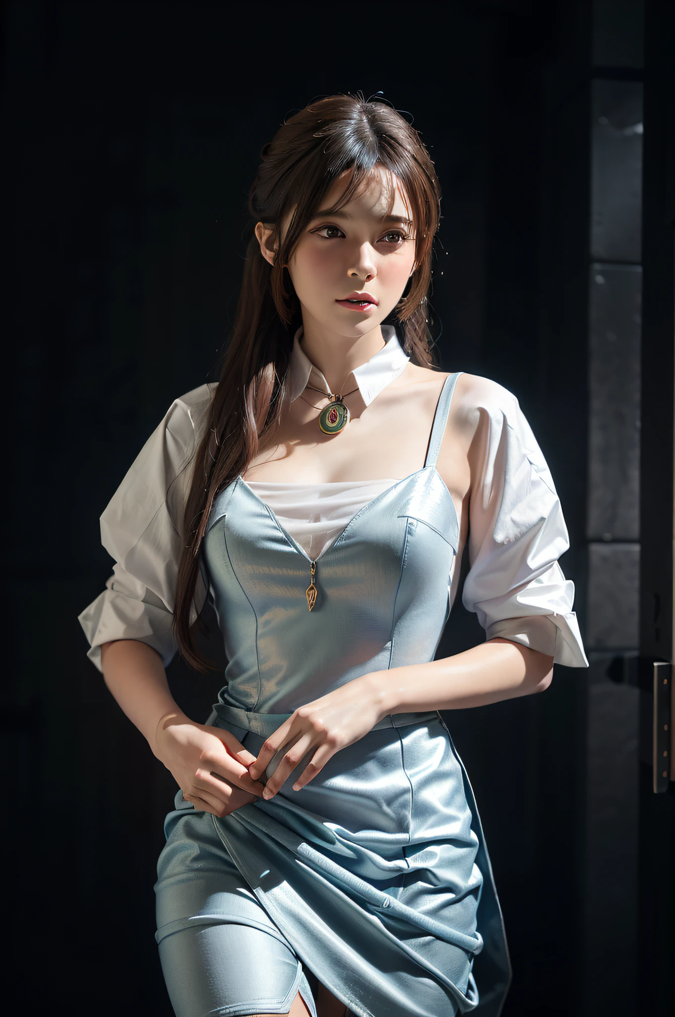 Hyperrealist portrait of female by david hockney and alphonse mucha,fantasy art, photo realistic, dynamic lighting, artstation, poster, volumetric lighting, very detailed faces, 4 k, award winning,, 1girl, in the dark, deep shadow, low key,cowboy shot,(official clothing:1.4) ,long hair,white hair,