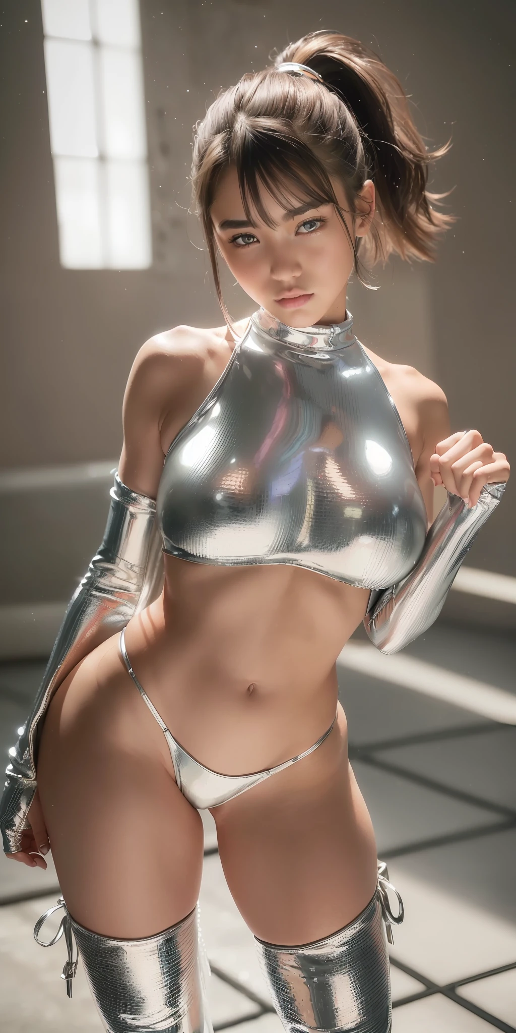 (((ultra-detailed))), ((full body wide shot)), ((ars old incredibly beautiful girl)), Round eyes, open mouth, ponytail brown very very short hair, ((perfect anatomy body)), (toned body and abs), big breasts, Stroking shoulder, ((beautiful legs)), female constriction, on fighting ring, silver leather ultra micro bikini, silver leathe boot, (((masterpiece))), (((photo quality))), (((realistic)))