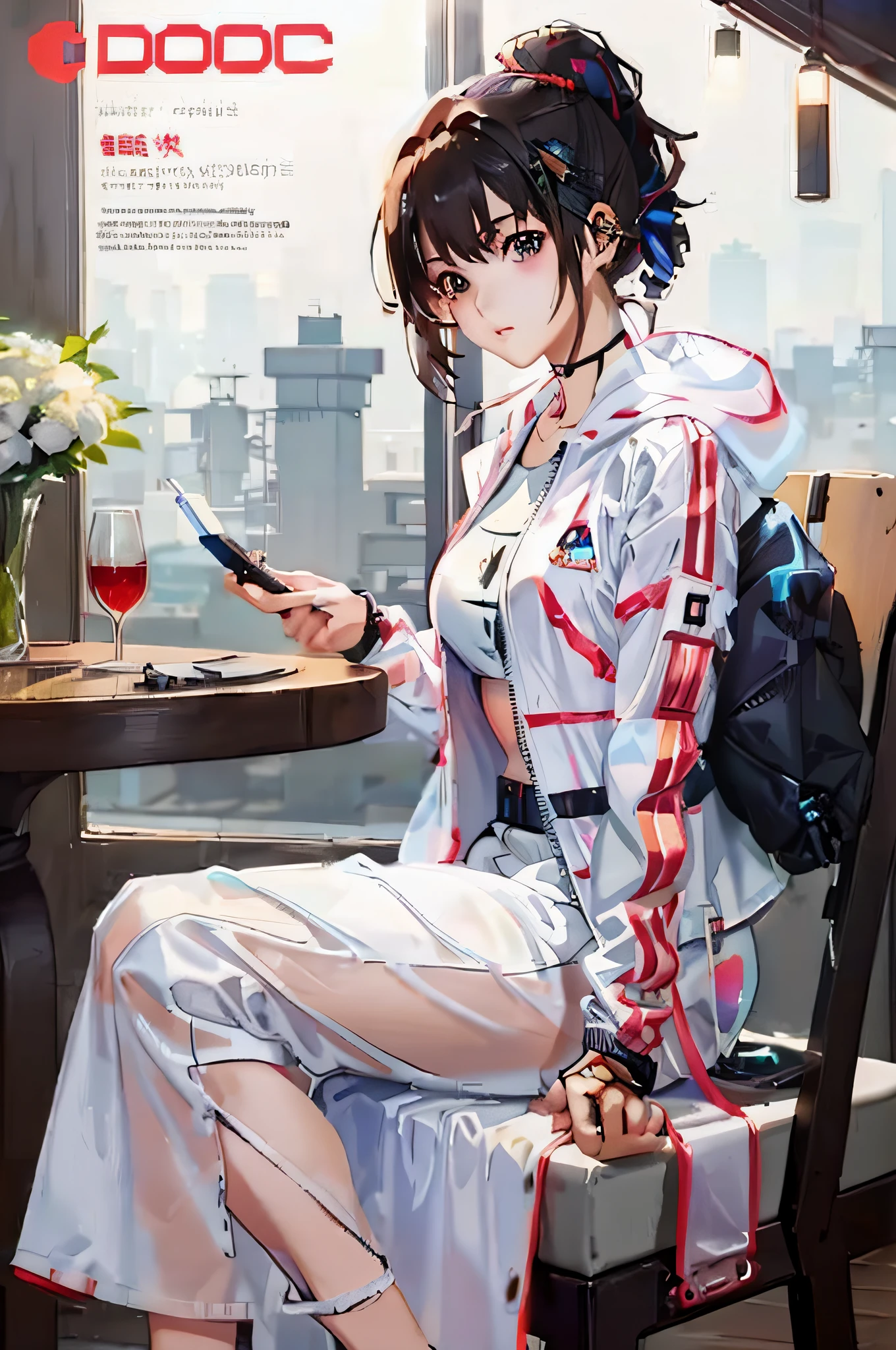 anime girl sitting on a chair with a cell phone in her hand, artwork in the style of guweiz, guweiz, cyberpunk anime girl, cyberpunk anime girl in hoodie, digital cyberpunk anime art, urban girl fanart, style anime, e - girl, e-girl, female cyberpunk anime girl, modern anime style, anime cyberpunk art