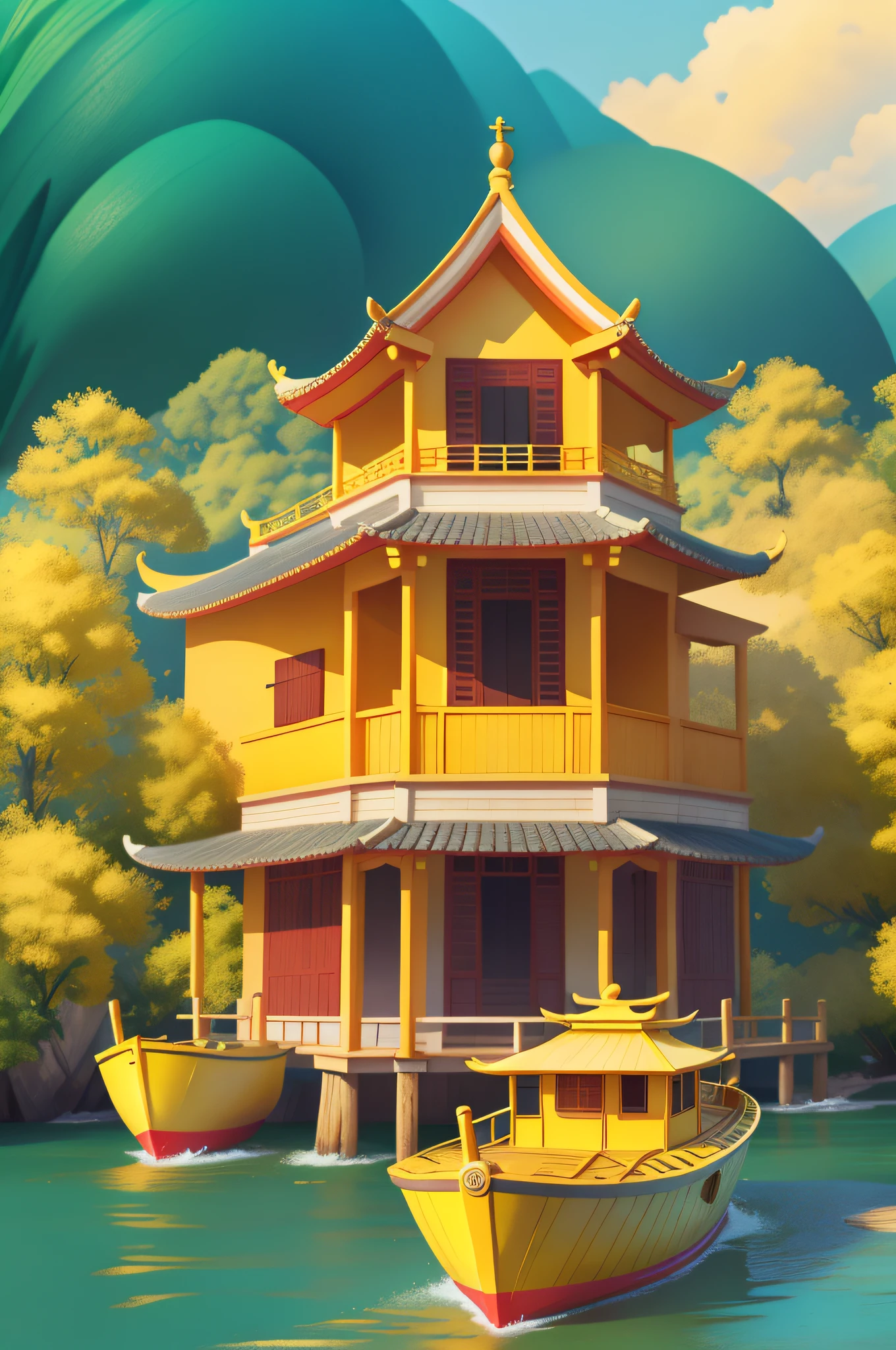 Poster design, (SFW), yellow boat, yellow traditional Chinese architecture, background is a small river, perfect quality, clear focus, colorful, complex details, ultra-low viewing angle, wide angle lens, clean background, distant composition,