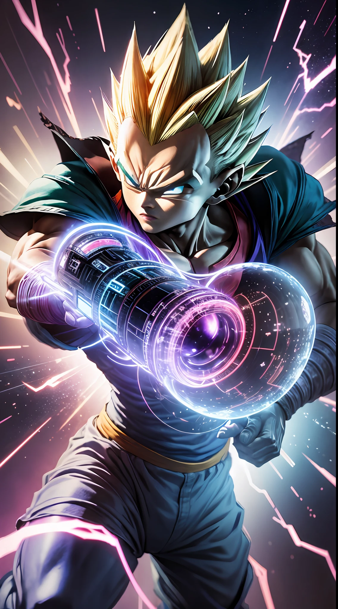 "Dragon Ball" + "Translucent Holographic Projection into the World of 2023", abstract, dreamy, Super Saiyan Vegeta, digital grid effects, complex environments, distortions, drawn by Katsuhiro Otomo, Akira Toriyama and Tetsuya Nomura, "perfect shadows", cinematic lighting, depth of field, Vray, volume lighting, center shot, dynamic pose, post Production, Professional Color Grading --auto --s2