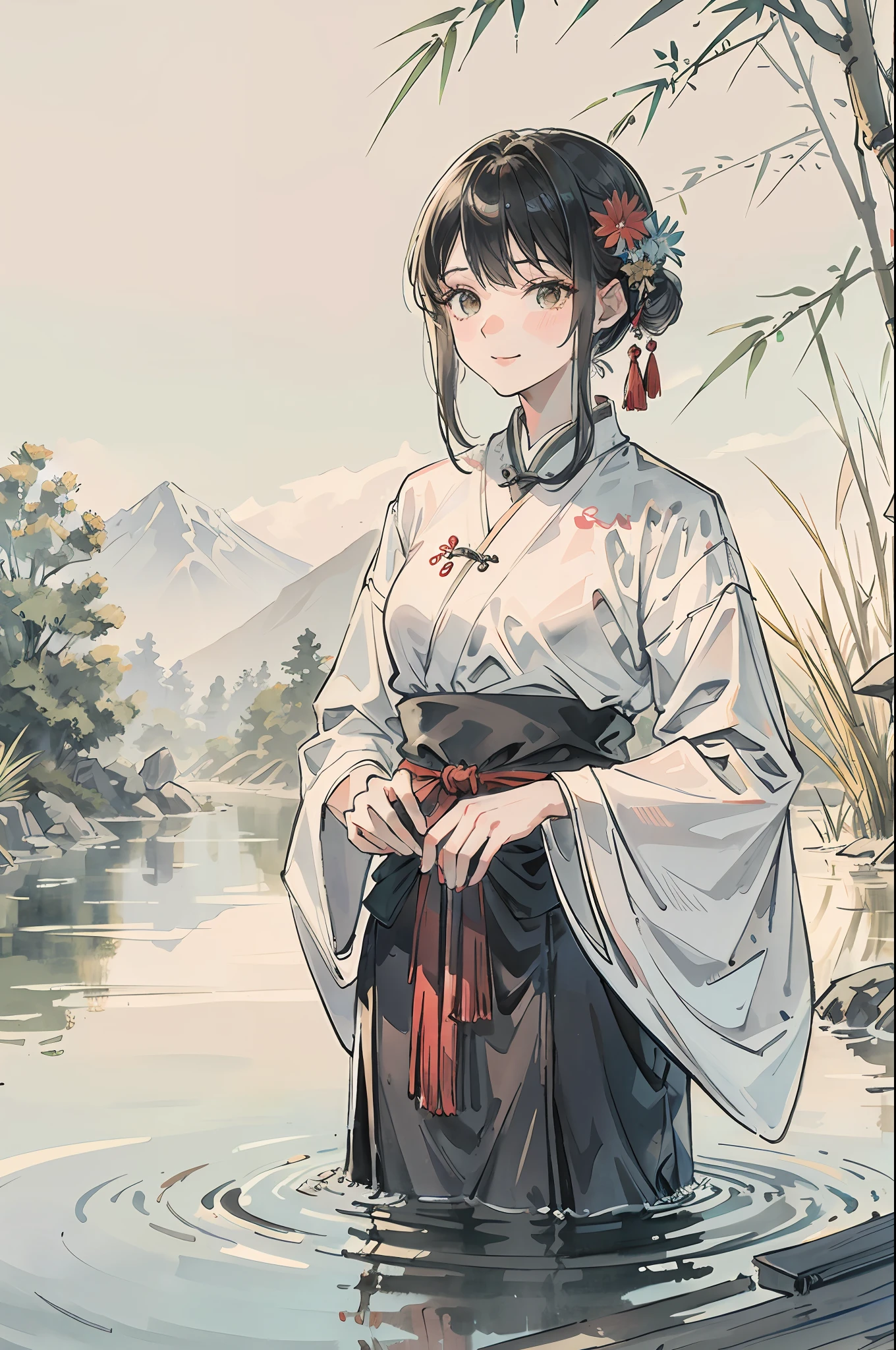 (Masterpiece), Best Quality, Good Anatomy, Water, (Upper Body), (Smile), Short Hair, (Hanfu), (Ecchi 0.5), (Thu: 0.5), (Flower: 0.6), (Kiya: 0.2), (Bamboo Forest: 0.2), (Stream: 0.2), (River: 0.2), (Shuimovi Sim: 1.2), Wuchang, Zhenbanqiao