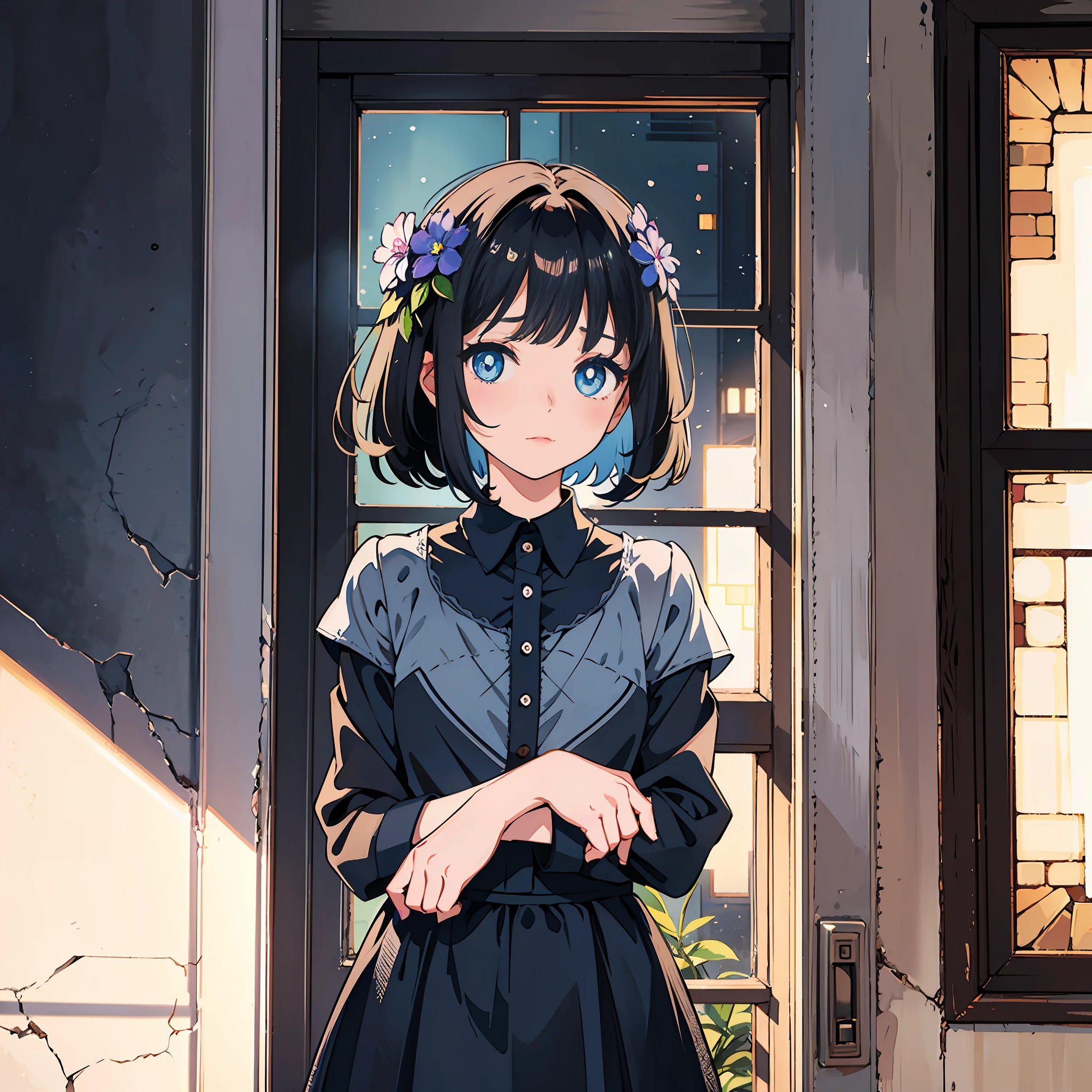 1 , short black hair, blue pupils, cute, delicate face, small skirt with broken flowers, standing by the window, at night, there is a dark shadow behind it