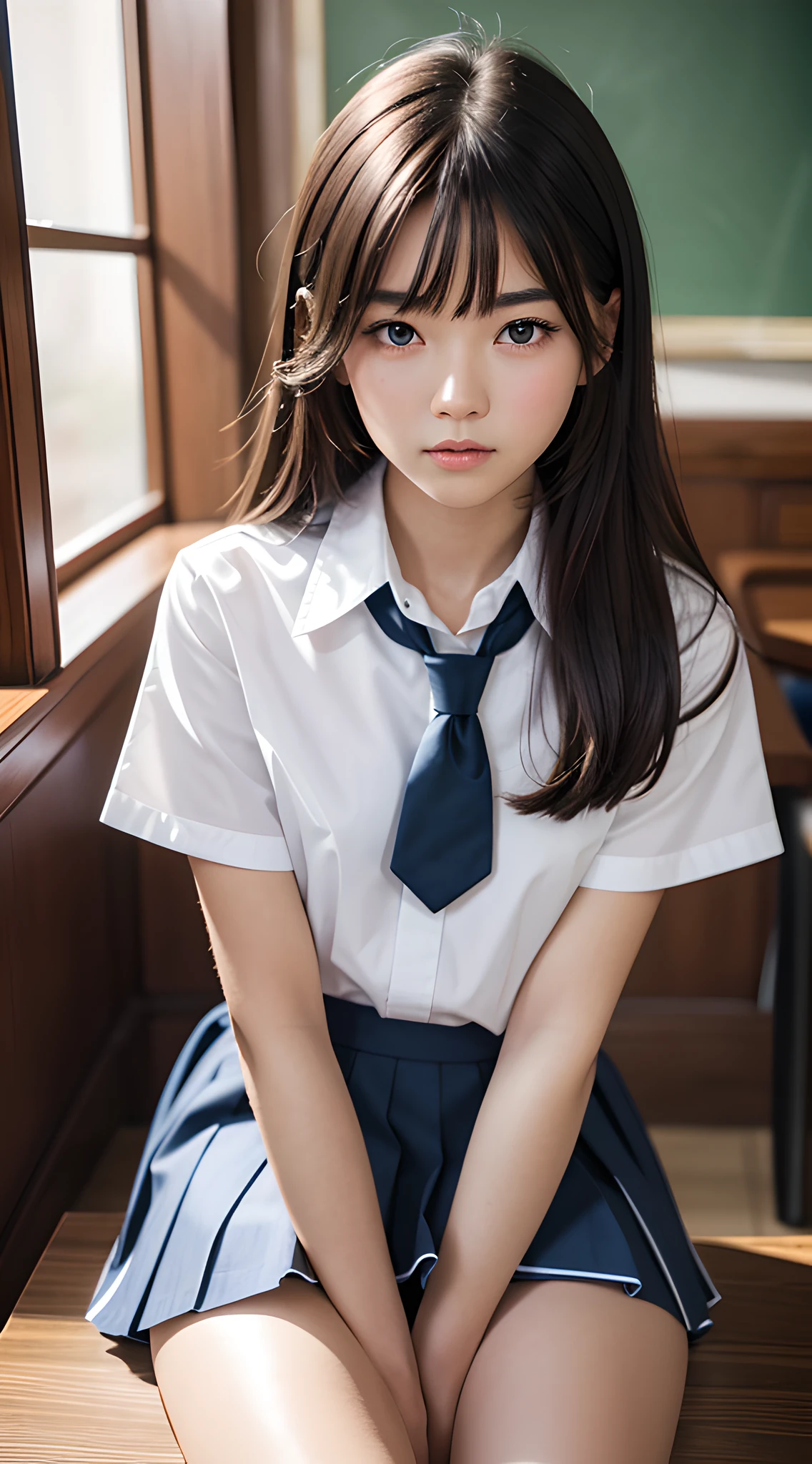 masterpiece, best quality, 8k, official art, raw photo, incredibly absurdres, beautiful girl, pretty face, (sitting, cowboy shot, school uniform, thighs:1.2), white shirt, looking at viewer, teen, classroom, ultra realistic, highres, photography, navy pleated skirt, film grain, chromatic aberration, sharp focus, facelight, dynamic lighting, cinematic lighting, highest detailed, extreme detailed, ultra detailed, finely detail, extremely detailed eyes and face, tie