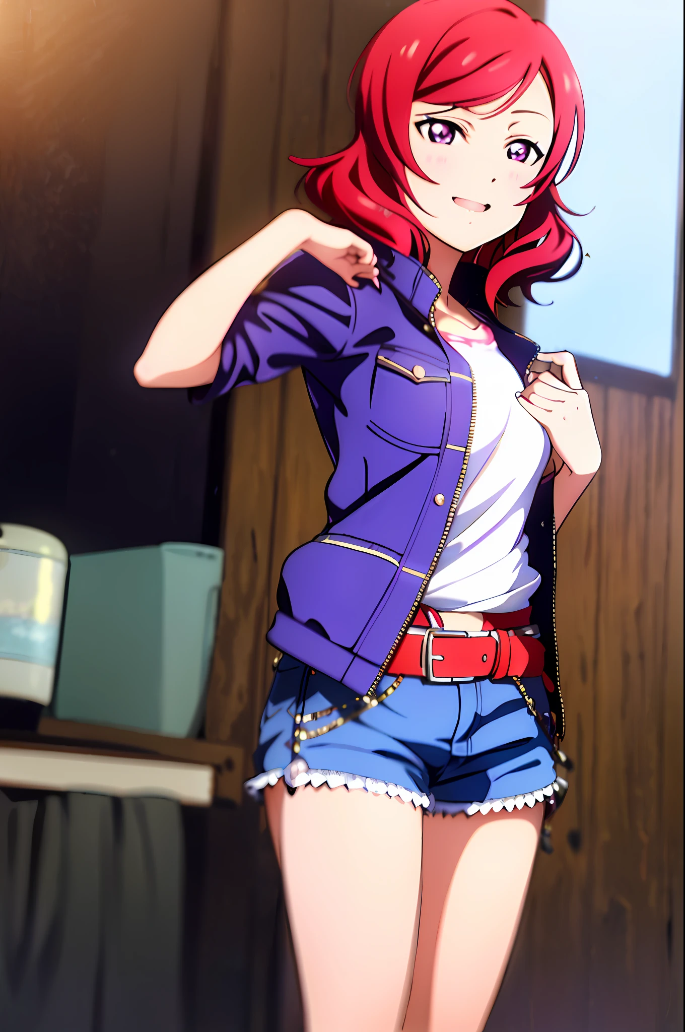 nishikino_maki,  masterpiece, best quality, highres, 1girl, solo, anastasia (idolmaster), idolmaster cinderella girls, purple eyes, shorts, short hair,  red hair, jacket, shirt, short shorts, cowboy shot, denim jacket, smile, upper_body,