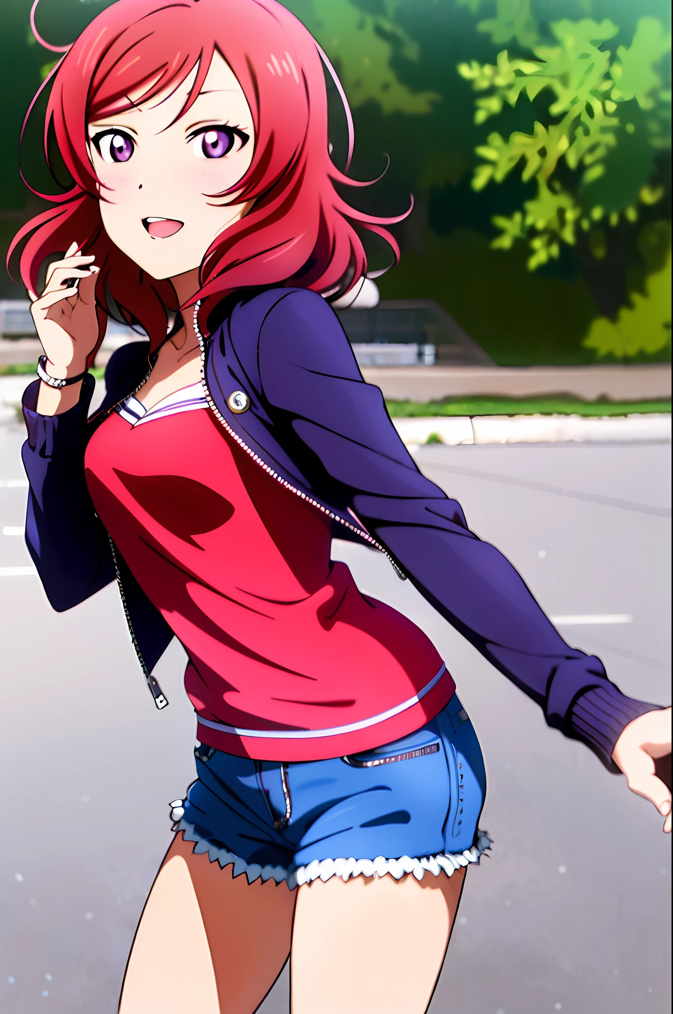 nishikino_maki,  masterpiece, best quality, highres, 1girl, solo, anastasia (idolmaster), idolmaster cinderella girls, purple eyes, shorts, short hair,  red hair, jacket, shirt, short shorts, cowboy shot, denim jacket, smile, upper_body,