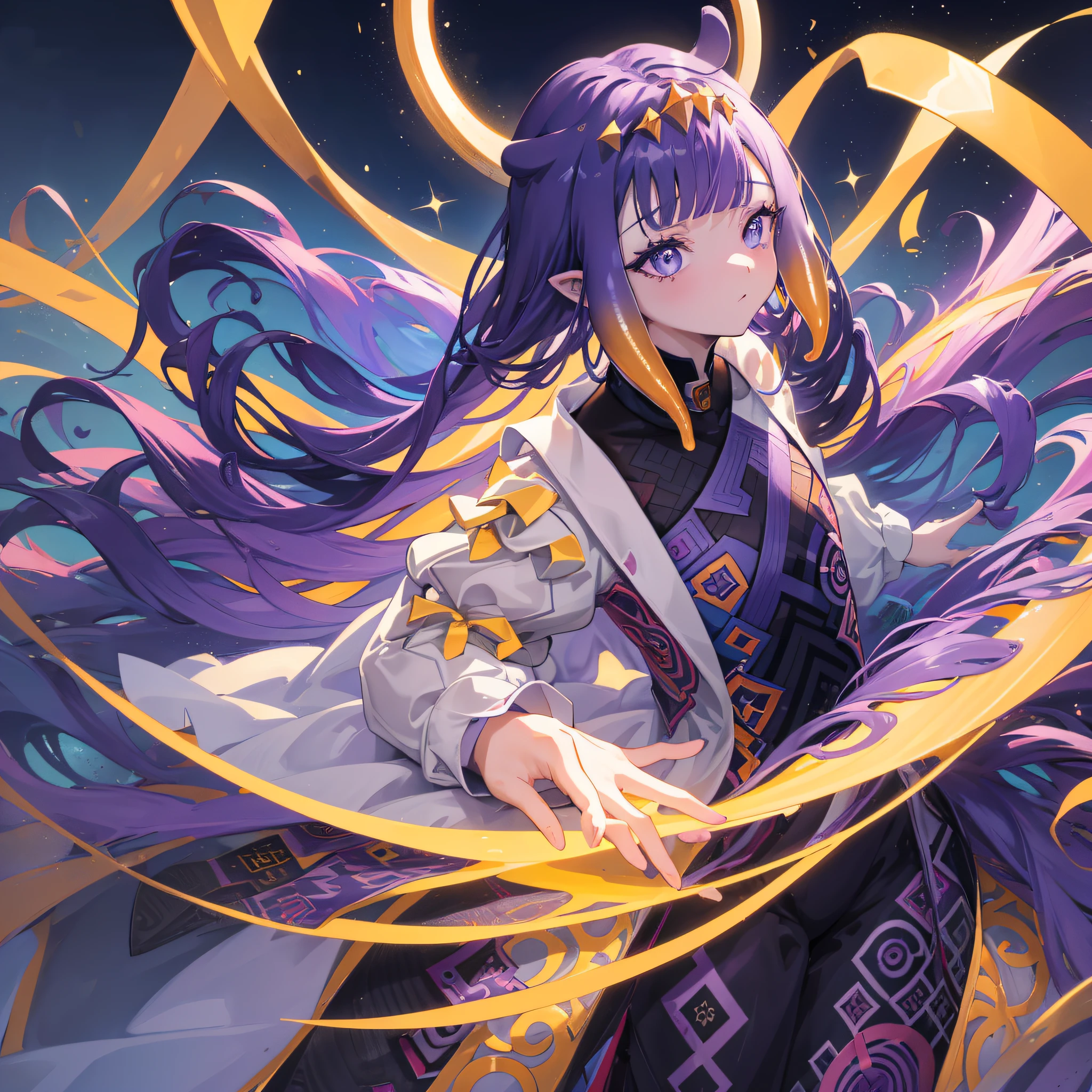 (人物: Ninomae Ina'Nis), {purple hair}, tentacle hair, purple eyes, {{masterpiece}}, best quality, extremely detailed CG unity 8k wallpaper, cinematic lighting, lens flare, beautiful detail eyes, side glance, colorful light, particles,  a girl, solo, a golden crown, a golden tiara