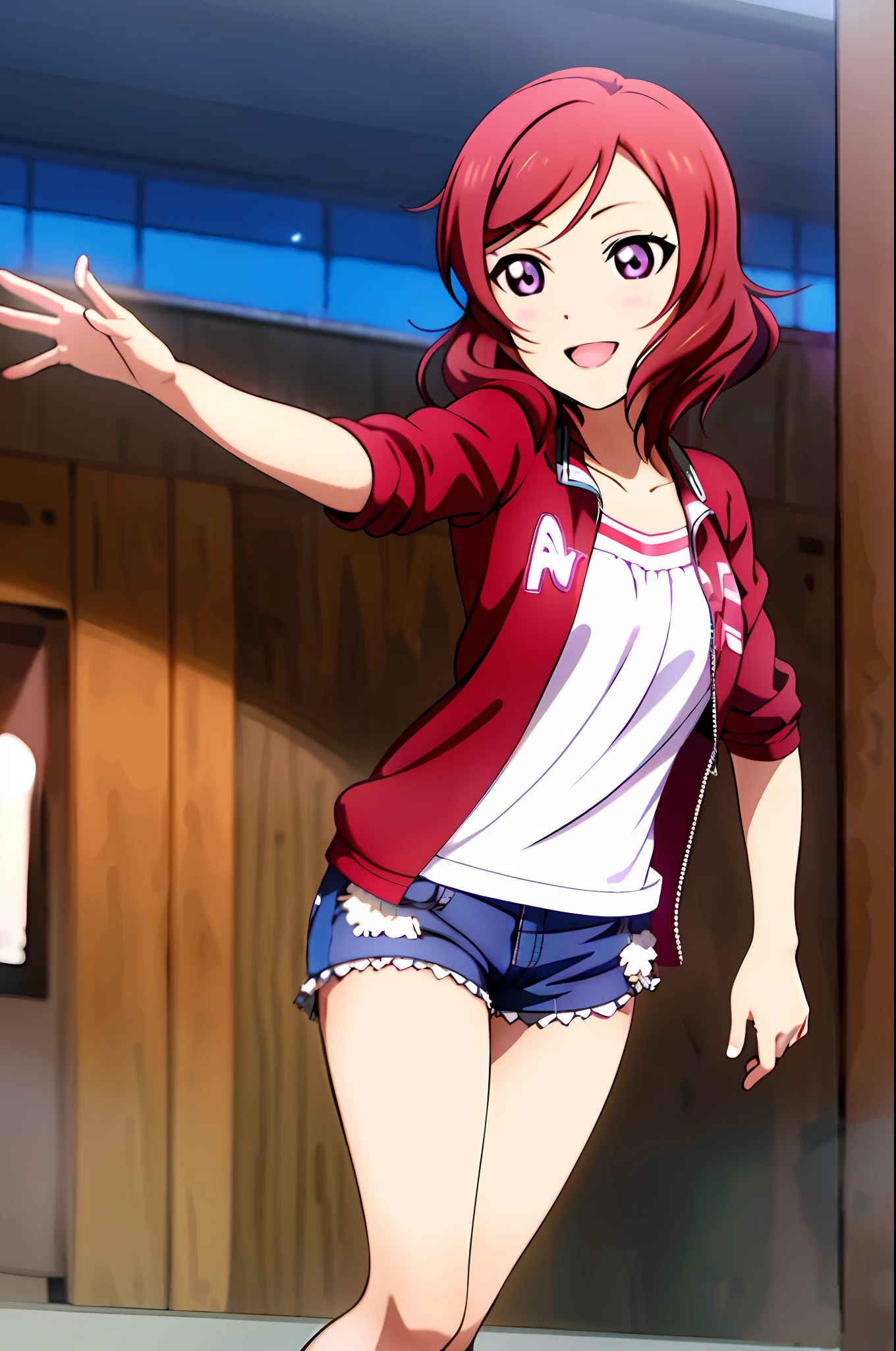 nishikino_maki,  masterpiece, best quality, highres, 1girl, solo, anastasia (idolmaster), idolmaster cinderella girls, purple eyes, shorts, short hair,  red hair, jacket, shirt, short shorts, cowboy shot, denim jacket, smile, upper_body,