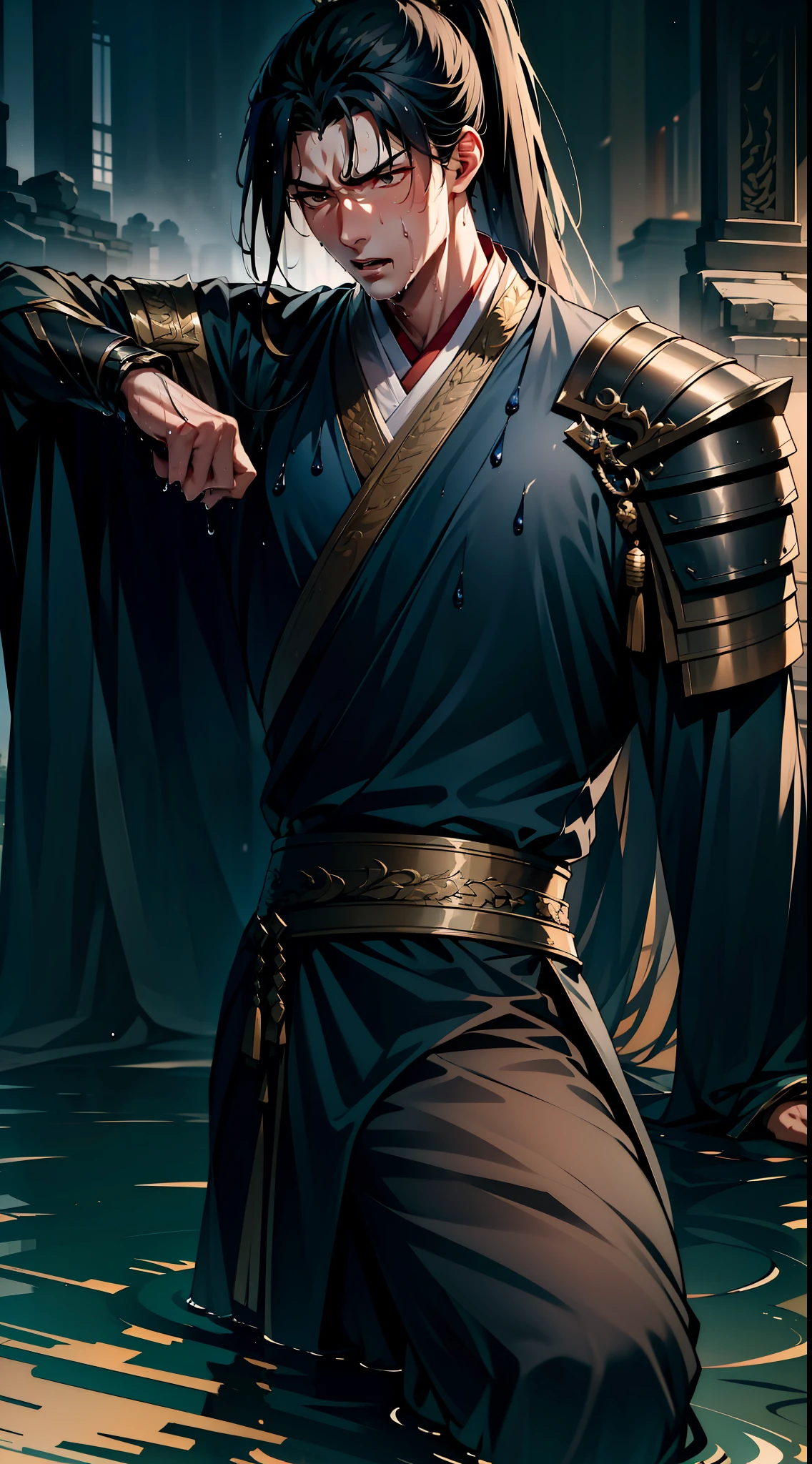 Two-dimensional, anime style, man (male warrior), muscle, correct proportions, face details, martial arts, high ponytail hairstyle, sweating, sweaty face, drooling, neck details, with Adam's apple, wet, wet, Hanfu costume, long robe, embroidered robe, dragon robe, clothing details, collar, long sleeves, game quality, swordsman demeanor, light and shadow tracing, ray tracing, detail glow, CG rendering, hair details, long black hair, golden eyes, sweaty face, handsome, handsome, sweat beads slipping down the neck, (juvenile feeling), complex clothing, wet, wet, perfect composition, refinement, high quality, more details, a lot of details, complex background, atmosphere,