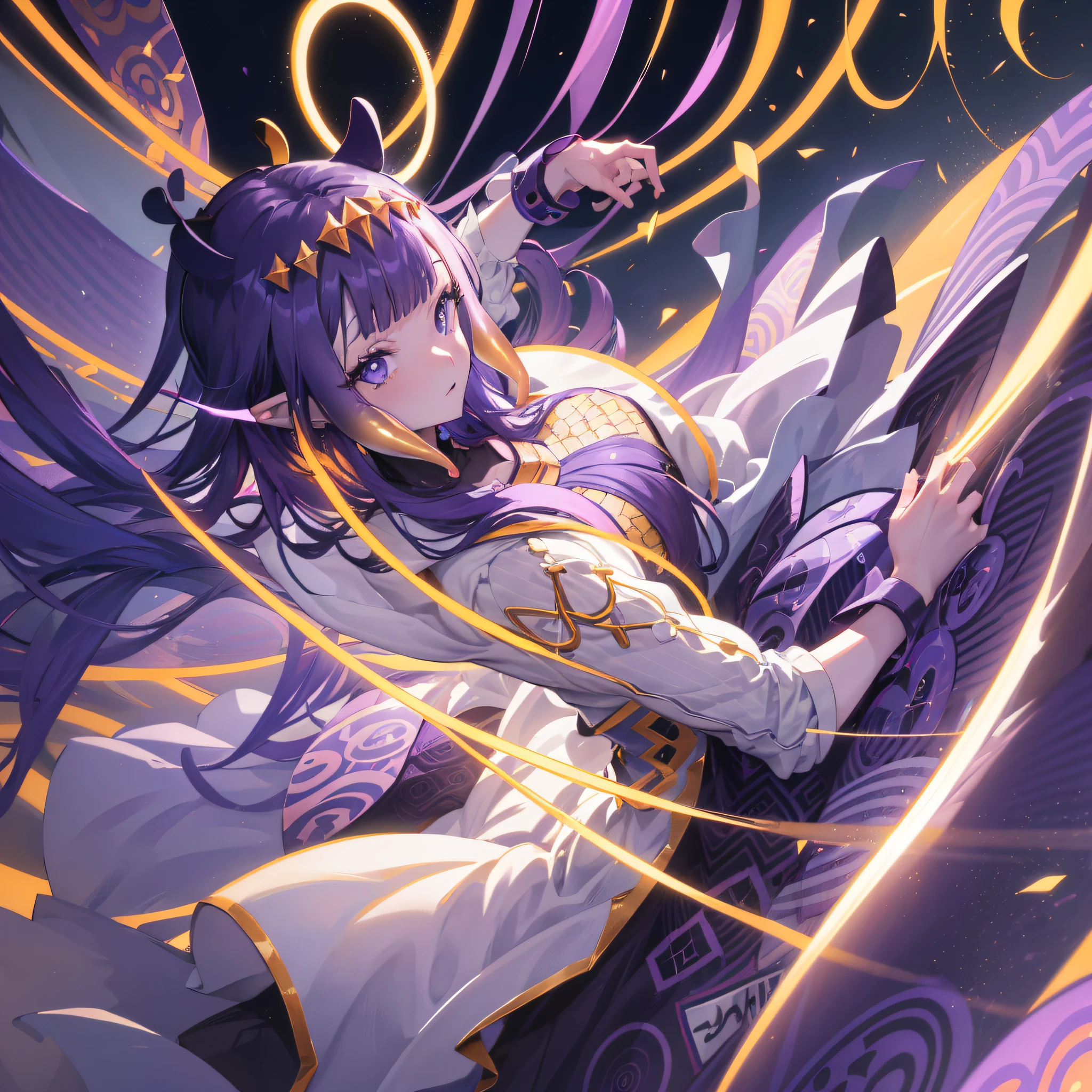(人物: Ninomae Ina'Nis), {purple hair}, tentacle hair, purple eyes, {{masterpiece}}, best quality, extremely detailed CG unity 8k wallpaper, cinematic lighting, lens flare, beautiful detail eyes, side glance, colorful light, particles, a girl, solo, a golden crown, a golden tiara