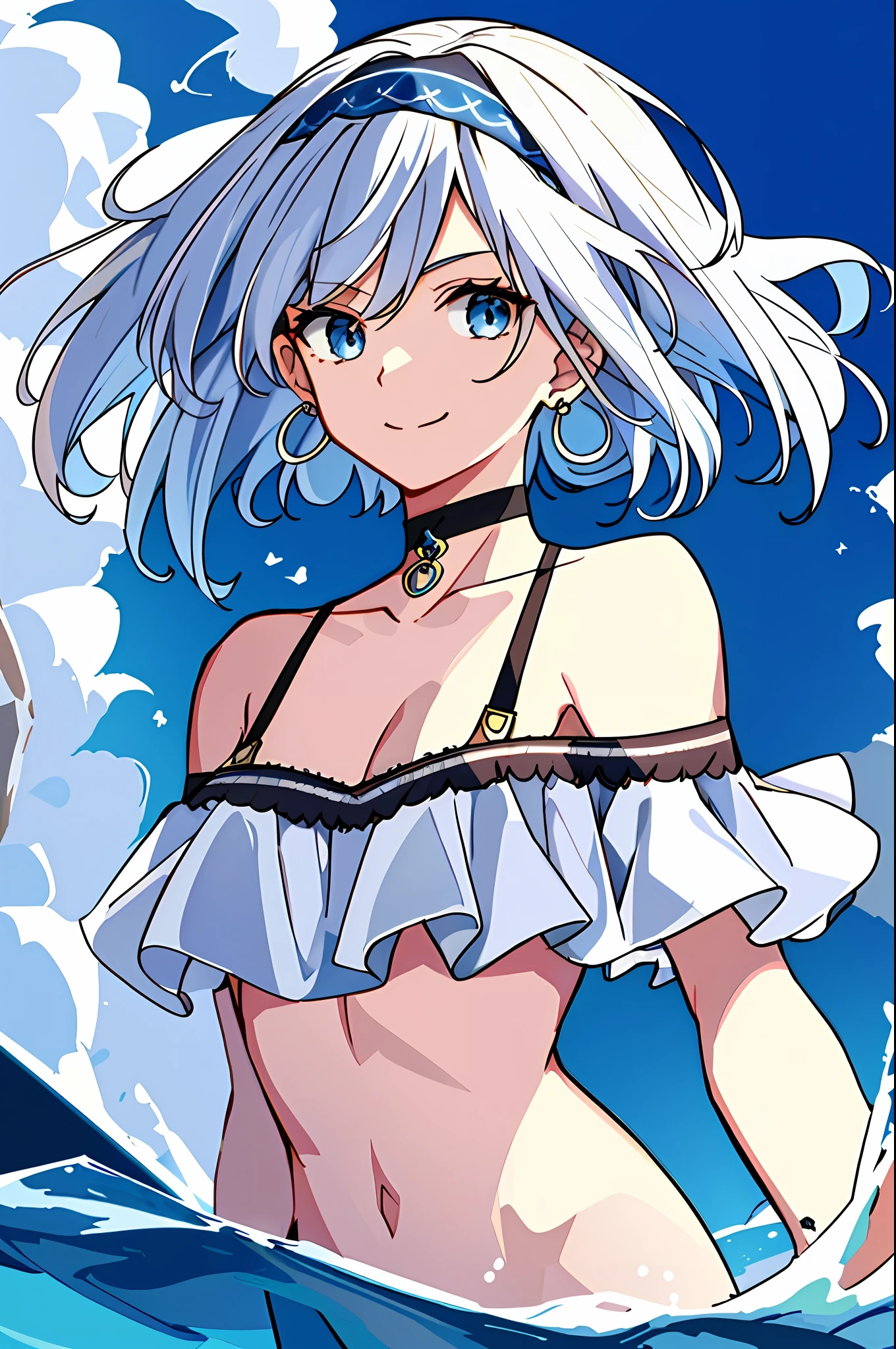 masterpiece, intricate detail,best quality, 1girl, solo, looking_at_viewer, smile, short_hair, open_mouth, bangs, blue_eyes, bare_shoulders, jewelry, upper_body, white_hair, earrings, multicolored_hair, choker, virtual_youtuber, tank top,water, off_shoulder, streaked_hair, tattoo, floating_hair,hairband,beautiful detailed sky,beautiful detailed water,Splashing water,sunlight,ray tracing,masterpiece,