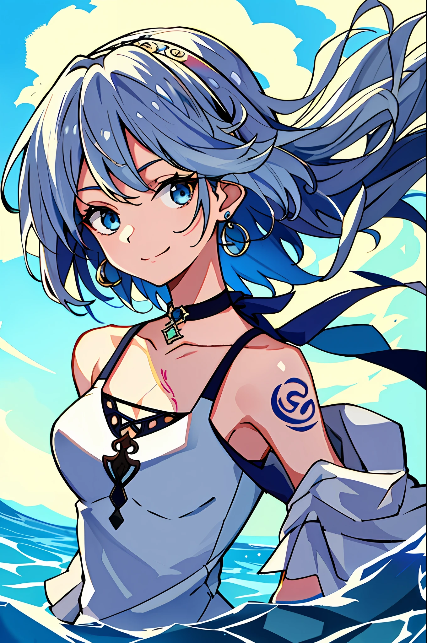 masterpiece, intricate detail,best quality, 1girl, solo, looking_at_viewer, smile, short_hair, open_mouth, bangs, blue_eyes, bare_shoulders, jewelry, upper_body, white_hair, earrings, multicolored_hair, choker, virtual_youtuber, tank top,water, off_shoulder, streaked_hair, tattoo, floating_hair,hairband,beautiful detailed sky,beautiful detailed water,Splashing water,sunlight,ray tracing,masterpiece,