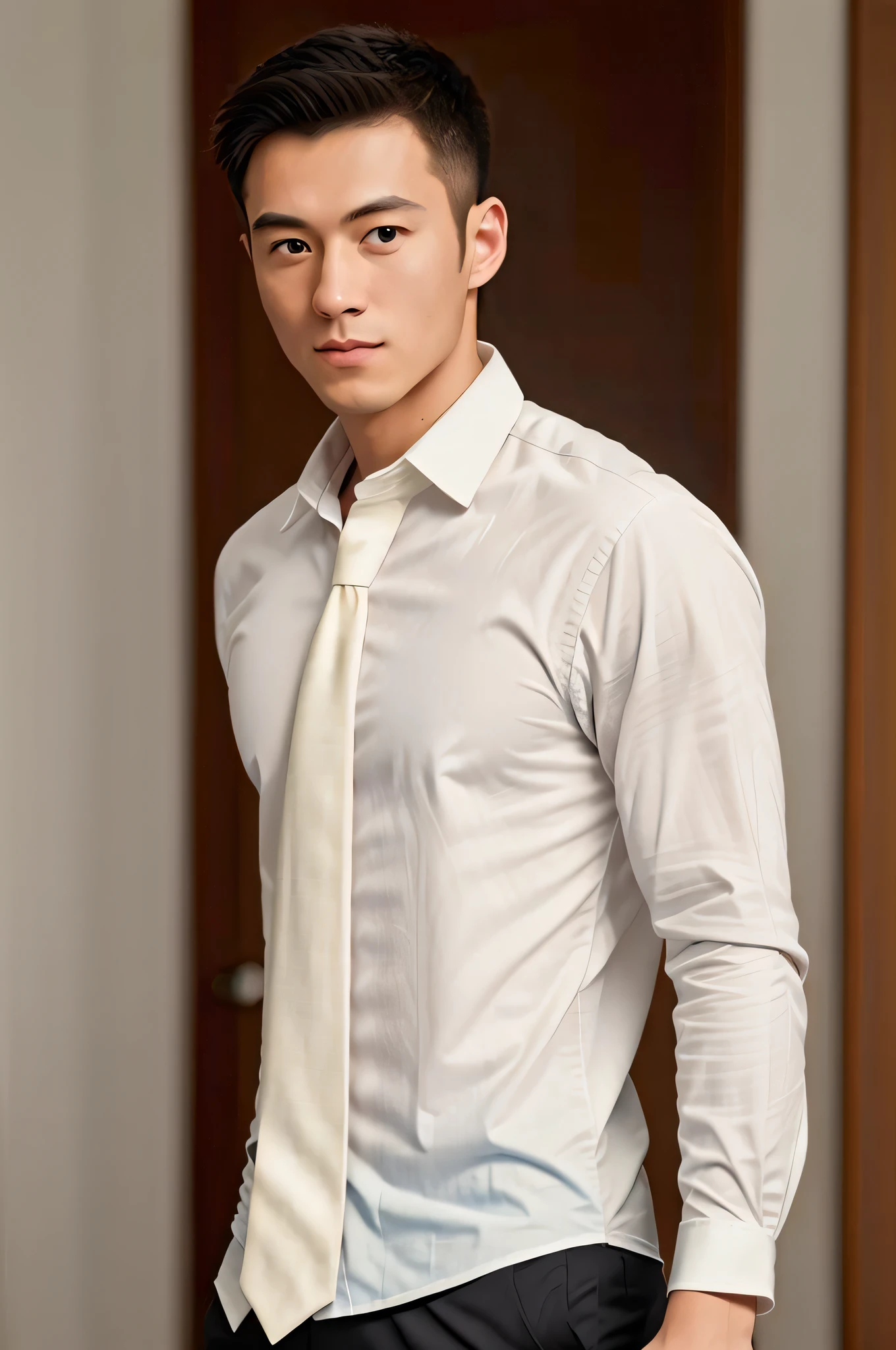 1man, a 25-year-old muscular man, wears a long-sleeved white shirt and tie, bodice, soft lighting, masterpiece, best quality, 8k ultra HD, DSLR camera, film grain, Midjourney and greg rutkowski's Fujifilm XT3 realistic painting art
