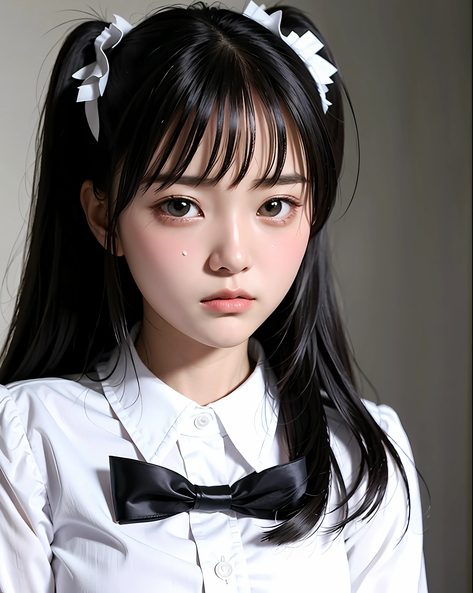 Masterpiece, best picture quality, beautiful girl, , long hair, black hair, bangs, black cat suit, student, white blouse, from waist up, up close, dark background, detailed eyes, big eyes, swollen eyes, depressed expression, facing front, realistic photo, real photo, double eyelids, Japanese girl, beautiful Asian girl, crying expression, facing straight on, close up, maid outfit, white blouse, black bow tie,