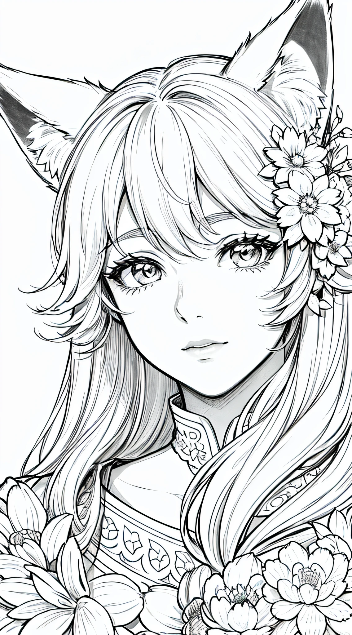masterpiece, superlative, fox ears, male , solo, bust closeup, flower line drawing background, white background, monochrome, line drawing, ((sketch))
