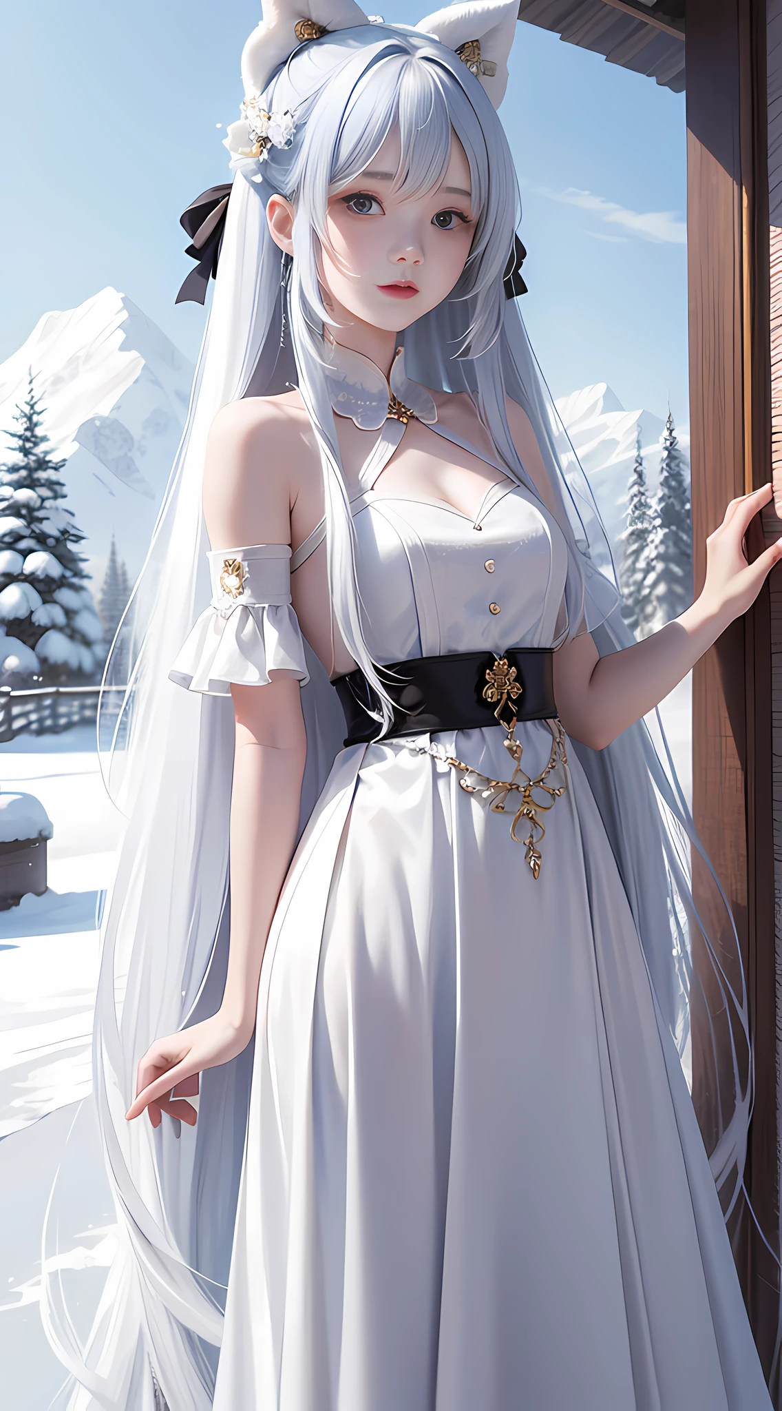 Long hair like snow appears in Gurwiz art, bows dot his hair, nuanced style, by Yuyu wanders in the picture, delicate Yu, soft tones, like the champion of the competition, perfect body proportions. - Pixiv from YKDBOOM.