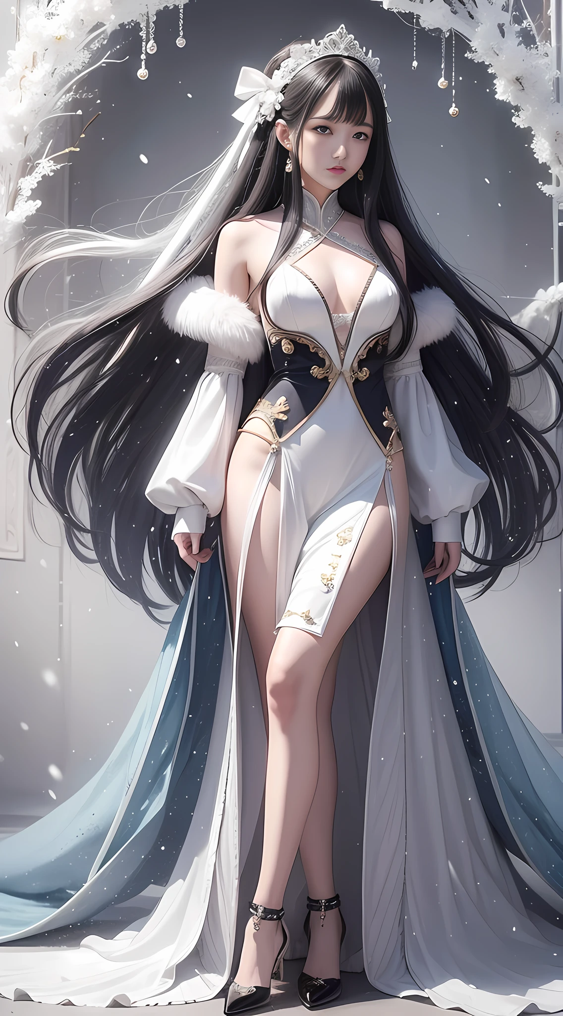Long hair like snow appears in Gurwiz art, bows dot his hair, nuanced style, by Yuyu wanders in the picture, delicate Yu, soft tones, like the champion of the competition, perfect body proportions. - Pixiv from YKDBOOM.