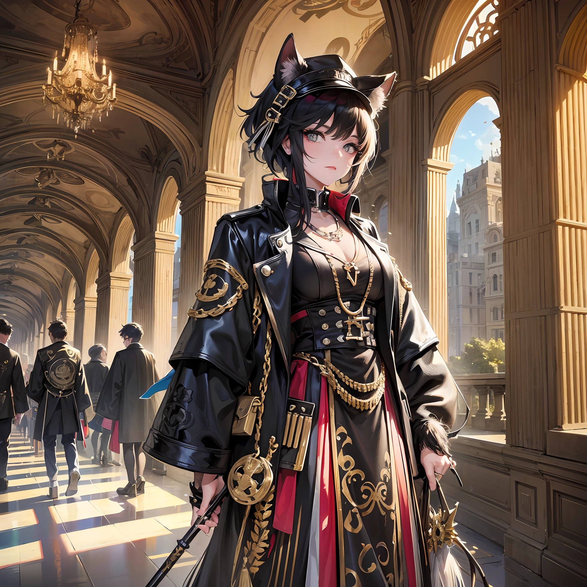 The sun sets, thinking of travelers with canes, dressed in punk, big scene composition, grandeur, the best quality, intricate details, accompanied by black panthers --auto --s2