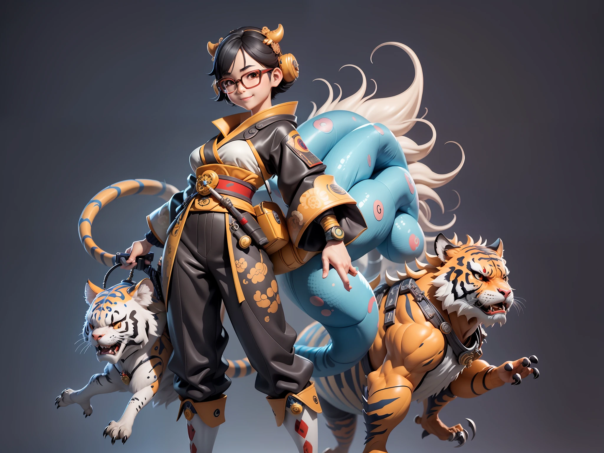 (Masterpiece), (Excellent), (Super Meticulous), (Full Body: 1.2), Super Young Woman, Japanese Geisha, Beauty, Chinese Dragon, Tiger, Wind God Thor, Sexy, Bursting, Oriental Face, TV Anchor, Bust Portrait Illustration, Alone, Black Suit, Blue Tie, Slightly Chubby, Very Clean Face, Silver Glasses, Black Super Short Hair, Black Eyes, Confident Smile, 3c Computer Sub-Products, iPad, iPhone, Digital Painting, 3D character design by Mark Clairedon and Pixar and Hayao Miyazaki and Akira Toriyama, the illustrations are HD illustrations in 4K resolution with highly detailed facial features and cartoon-style visuals.