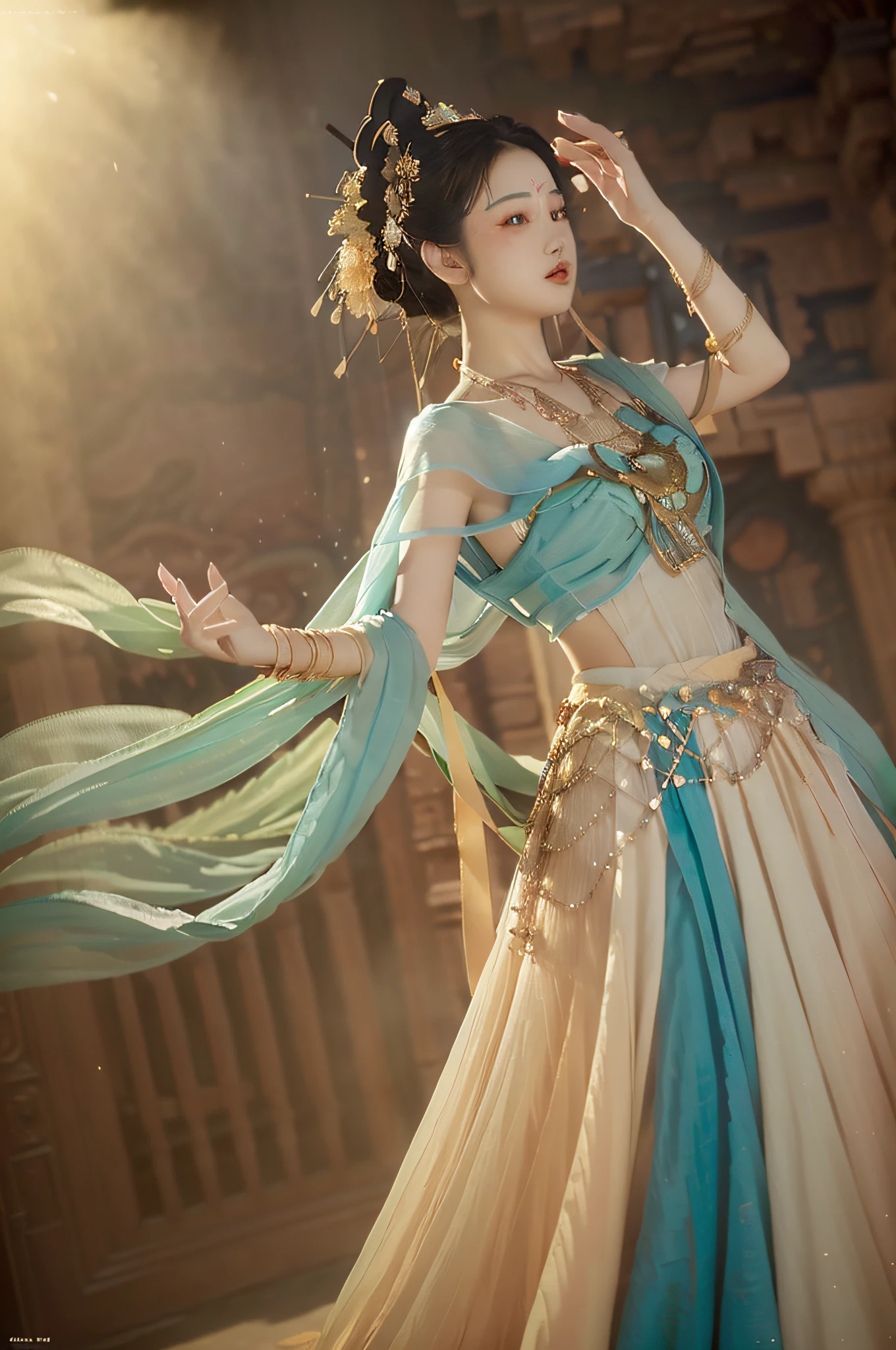 (8k, RAW photo, best quality, masterpiece:1.2), (realistic, photo-realistic:1.4), (extremely detailed CG unity 8k wallpaper), 1 girl solo, (from below:1.2), dance, dunhuang_dress, dunhuang_style, dunhuang_background,