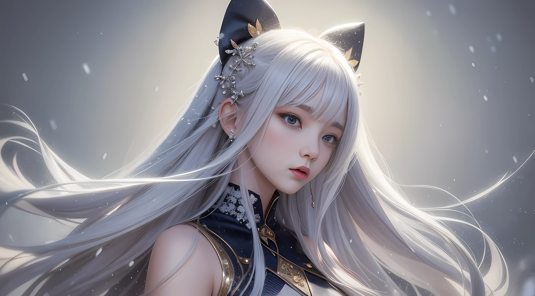 Long hair like snow appears in Gurwiz art, bows dot his hair, nuanced style, by Yuyu wanders in the picture, delicate Yu, soft tones, like the champion of the competition, perfect body proportions. - Pixiv from YKDBOOM.