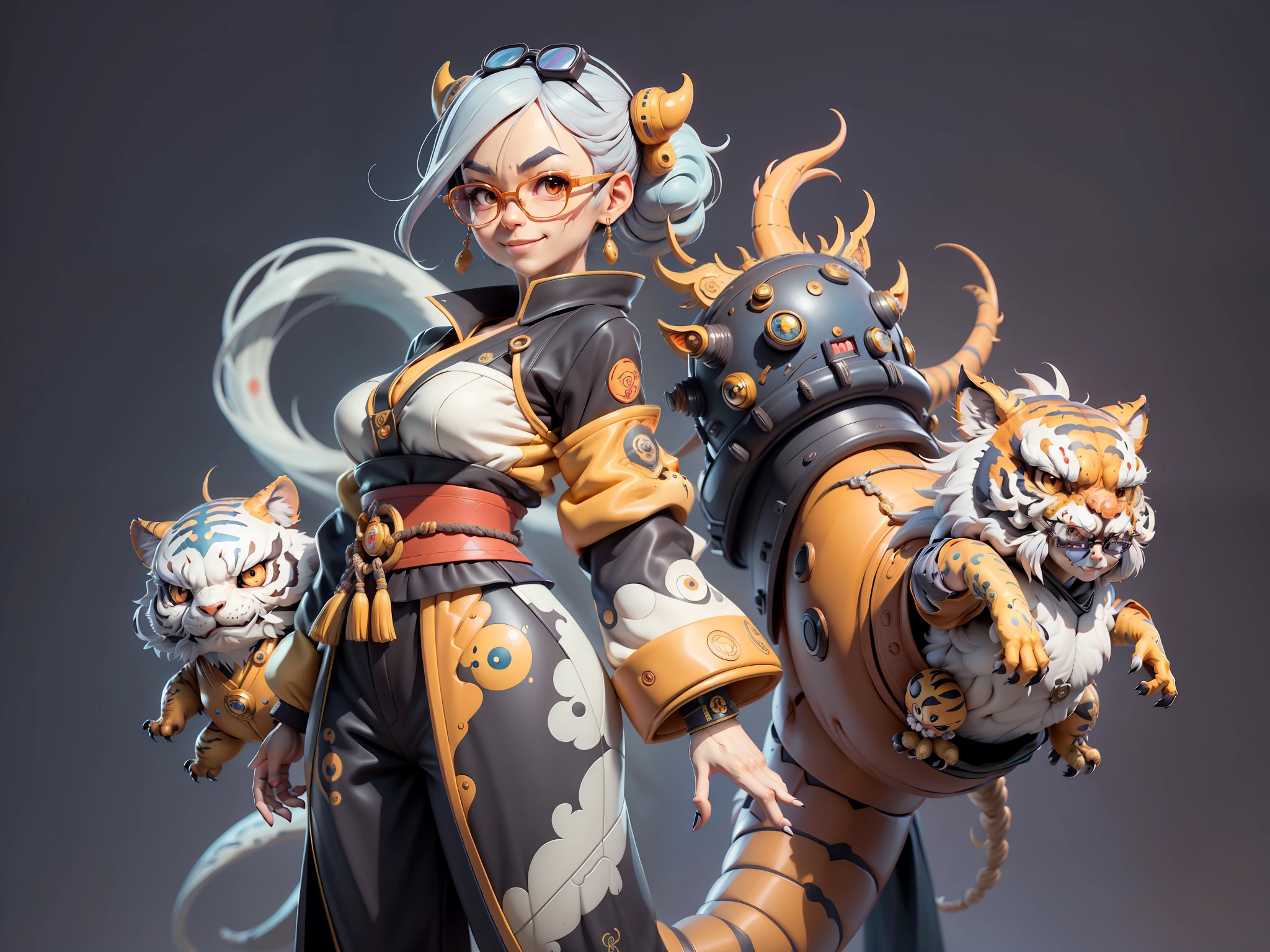 (Masterpiece), (Excellent), (Super Meticulous), (Full Body: 1.2), Super Young Woman, Japanese Geisha, Beauty, Chinese Dragon, Tiger, Wind God Thor, Sexy, Bursting, Oriental Face, TV Anchor, Bust Portrait Illustration, Alone, Black Suit, Blue Tie, Slightly Chubby, Very Clean Face, Silver Glasses, Black Super Short Hair, Black Eyes, Confident Smile, 3c Computer Sub-Products, iPad, iPhone, Digital Painting, 3D character design by Mark Clairedon and Pixar and Hayao Miyazaki and Akira Toriyama, the illustrations are HD illustrations in 4K resolution with highly detailed facial features and cartoon-style visuals.