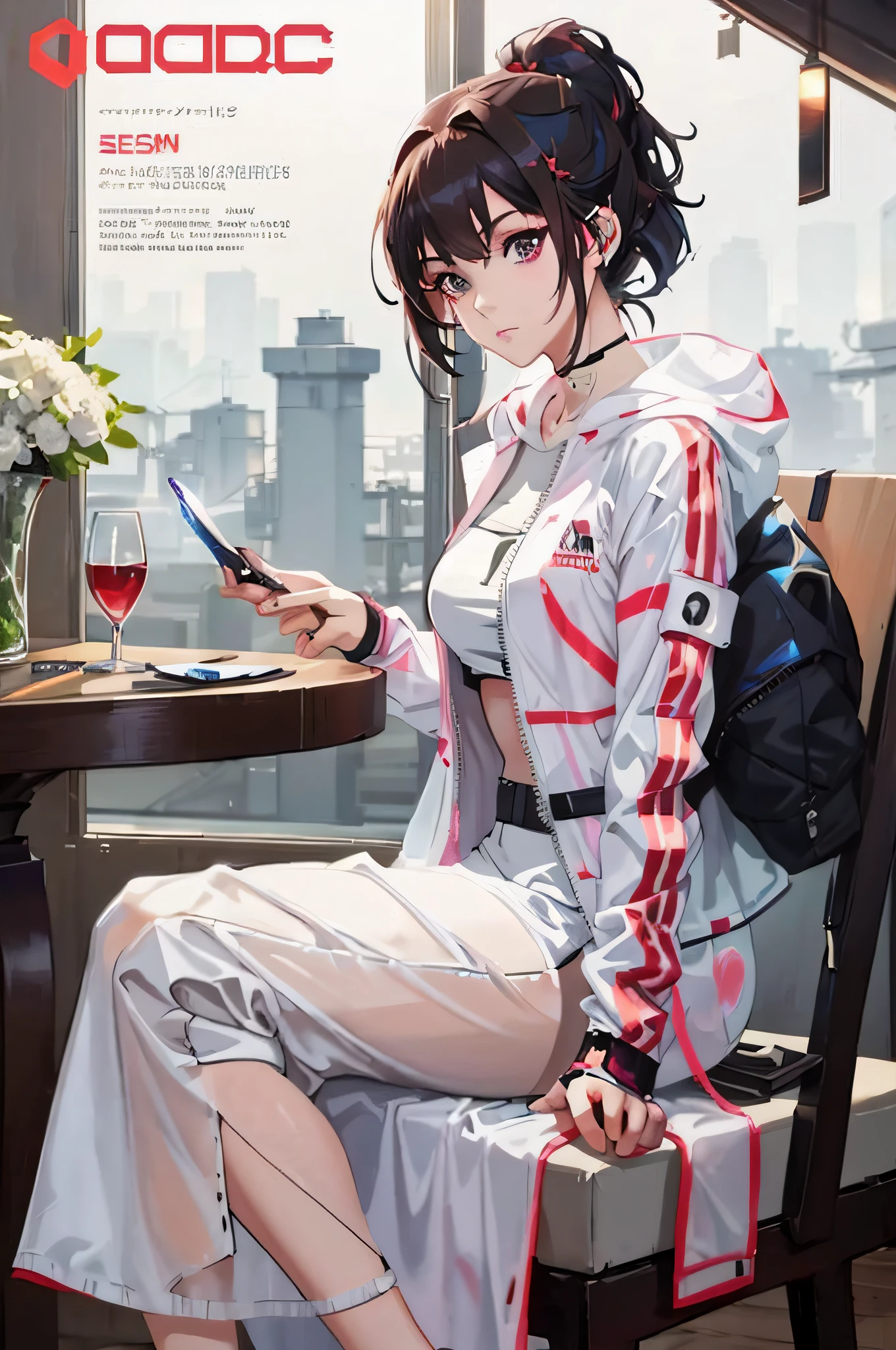 anime girl sitting on a chair with a cell phone in her hand, artwork in the style of guweiz, guweiz, cyberpunk anime girl, cyberpunk anime girl in hoodie, digital cyberpunk anime art, urban girl fanart, style anime, e - girl, e-girl, female cyberpunk anime girl, modern anime style, anime cyberpunk art