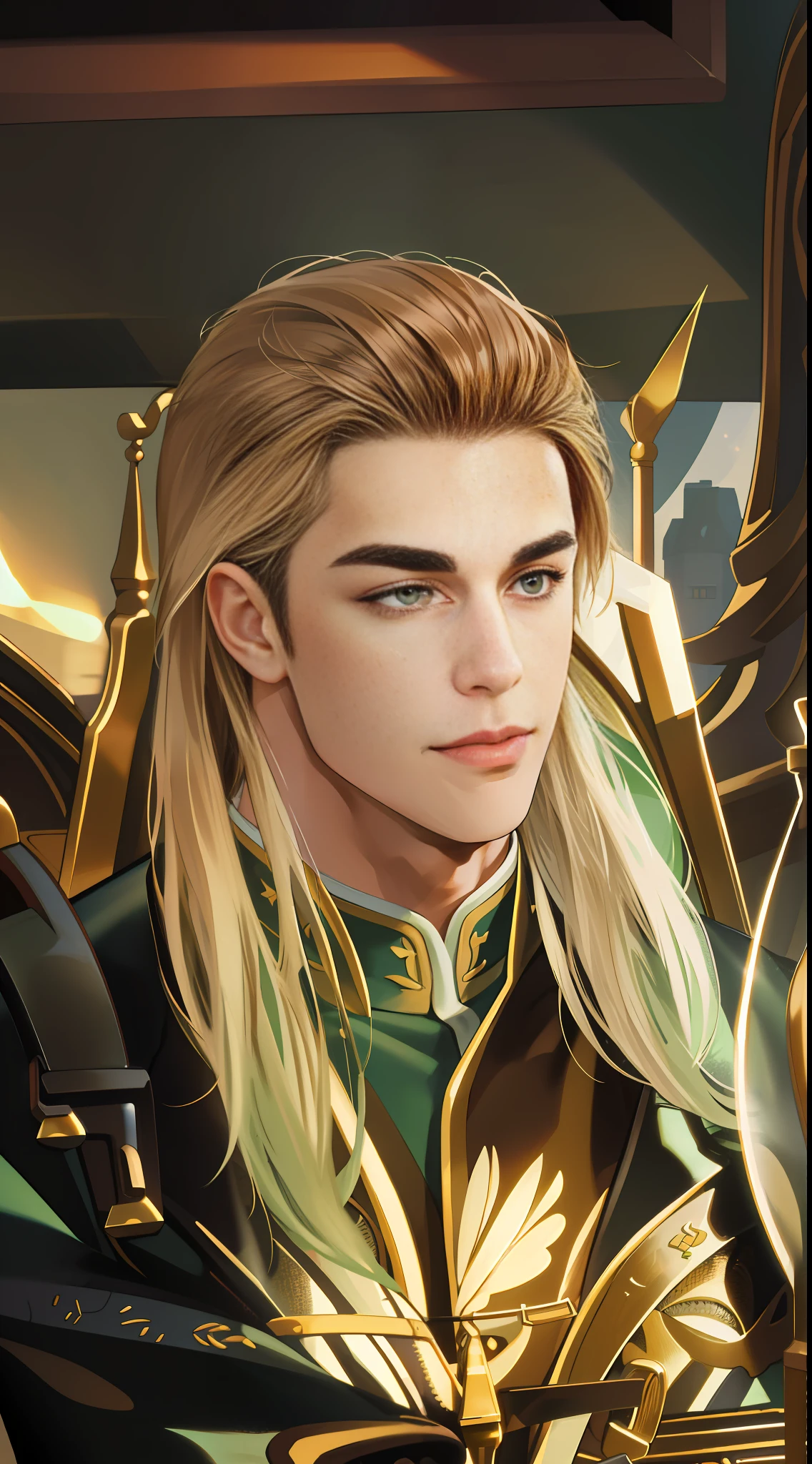 (absurd, high resolution, super detailed), (1 male, solo, adult, mature, adult, handsome), wavy brown hair, green eyes, (angular chin, thick neck, thick eyebrows), church, fantasy, uniform, extremely detailed face, bust figure, closed eyes, lying in bed