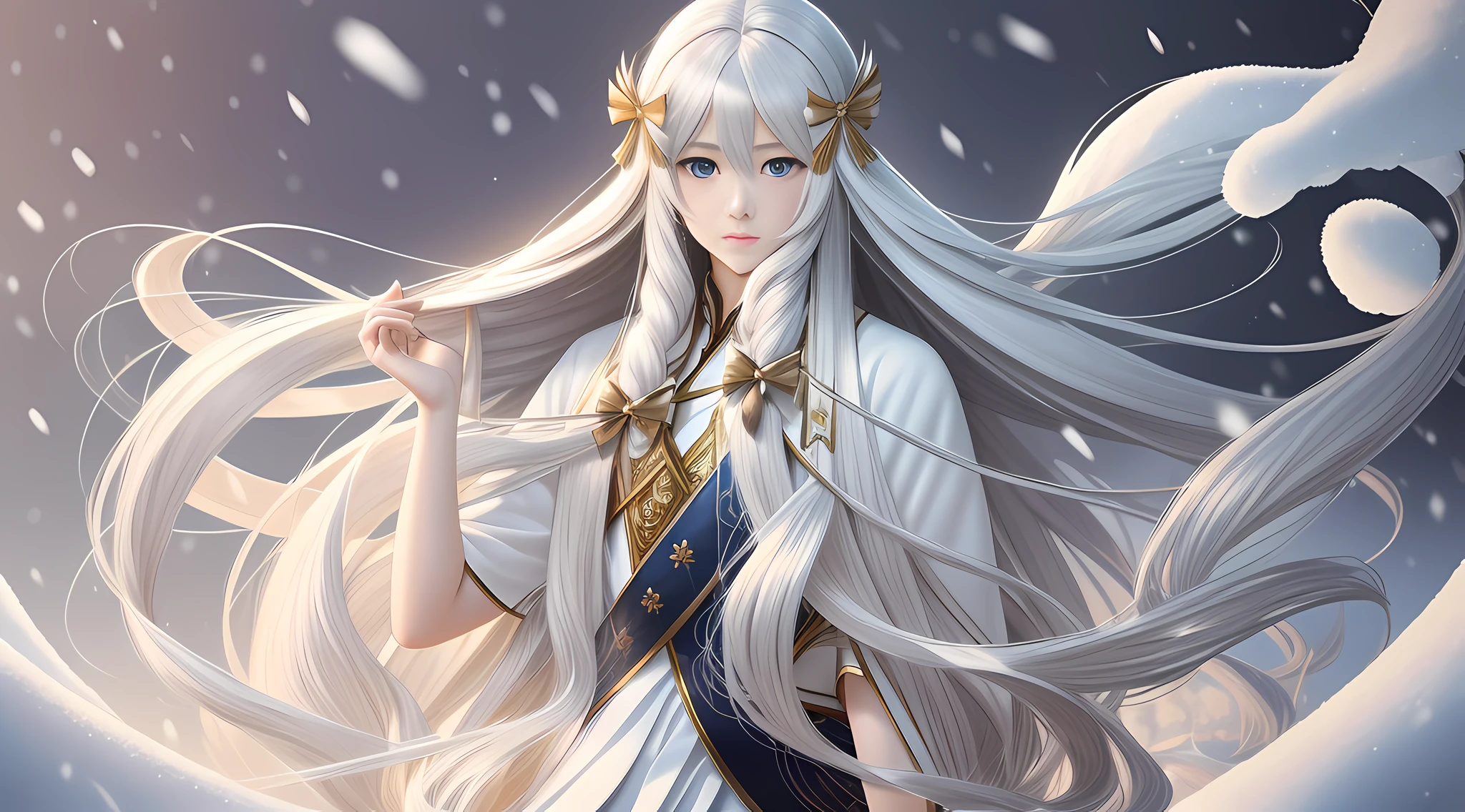 Long hair like snow appears in Güwetz art, bows dot his hair, nuanced style, by Yuyu wanders in the picture, delicate Yu, soft tones, as if the champion of the whole game, perfect body proportions, realistic. - Pixiv from YKDBOOM.