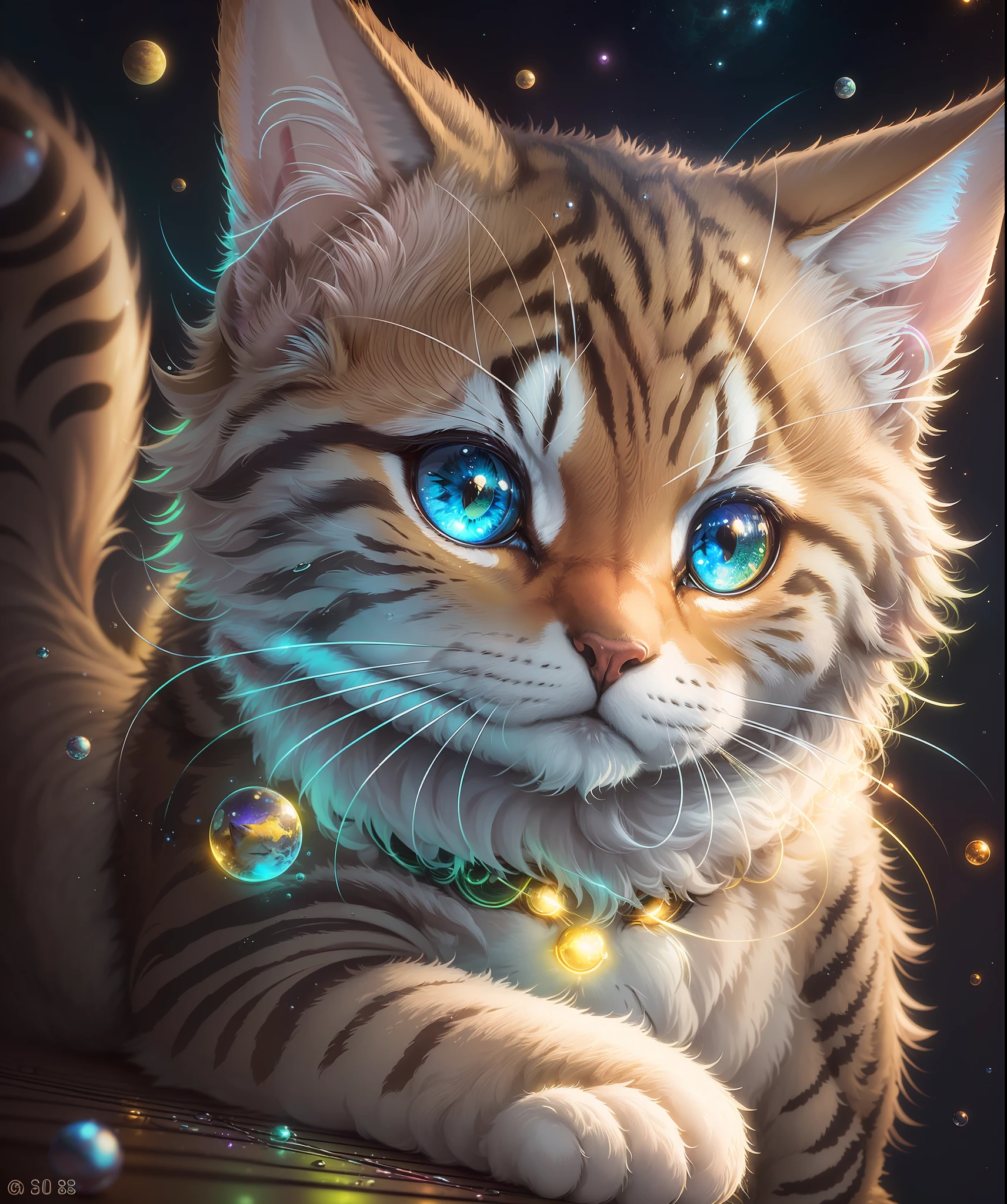 a cute cat, happy, fantasy!in the style of Otomo Katsuhiro, in a realistic hyper detailed render style, glow, yellow, bluezbrush, hyper-realistic oil, head close-up,exaggerated perspective, Tyndall effect, waterdrops,mother-of-pearliridescence,Holographic white,green background,realistic --q 5 --ar 9:16 --s 400 --auto --s2
