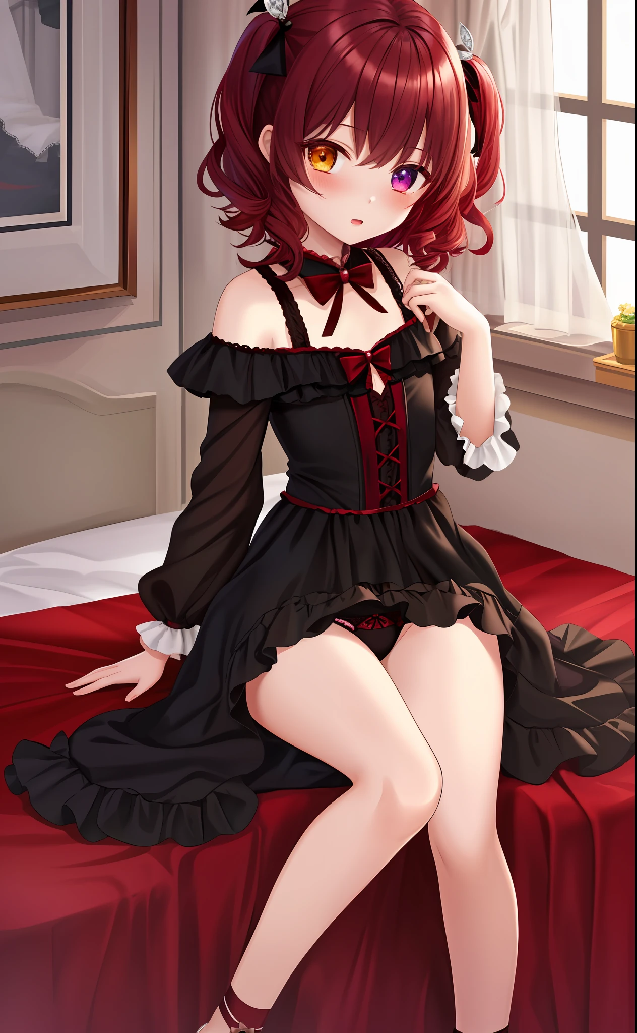 , masterpiece, best quality, ultra-detailed, vampire, short, loli, young, shy, blushing, 1girl, short dark red hair, flat chest, small ass, dark gown, sitting on bed, panties, Heterochromia