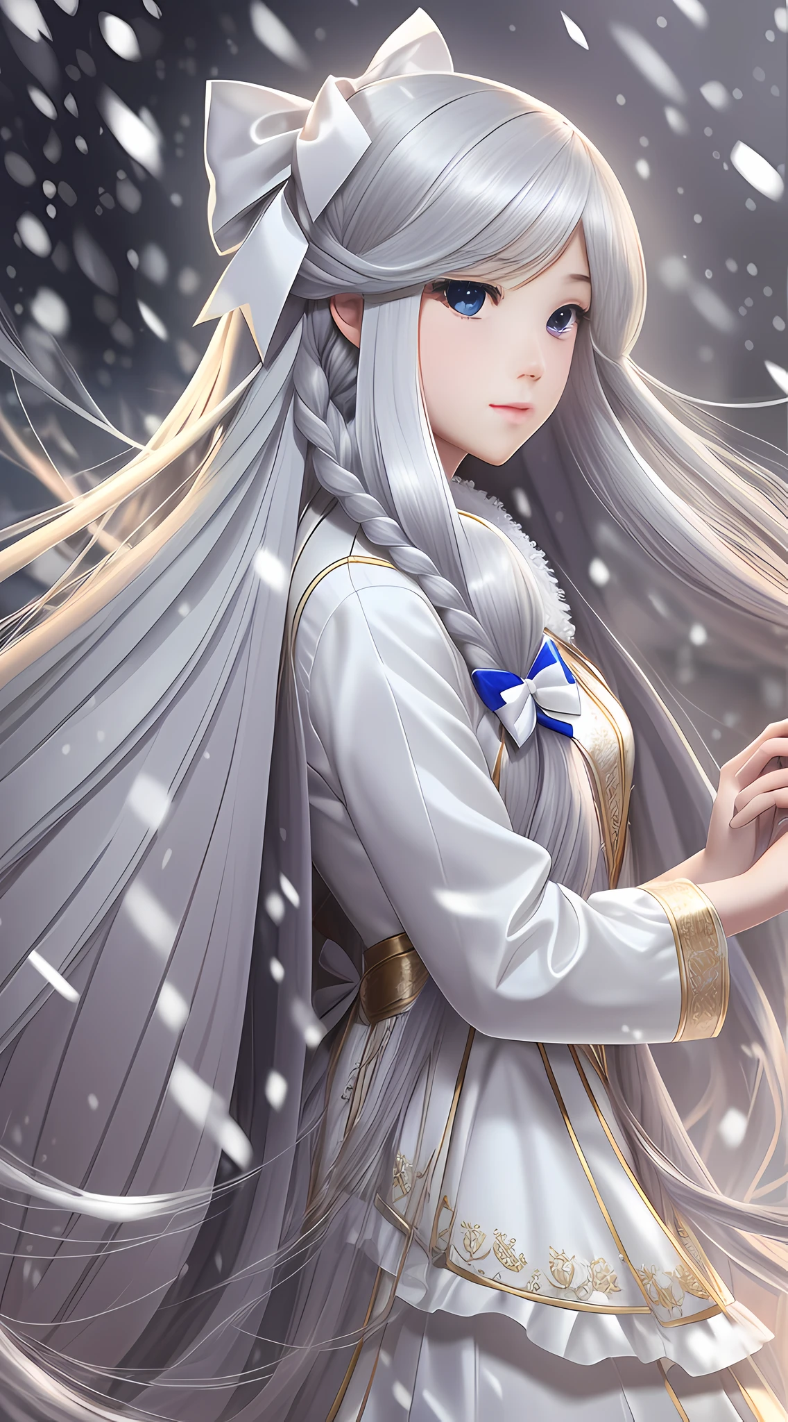 Long hair like snow appears in Güwetz art, bows dot his hair, nuanced style, by Yuyu wanders in the picture, delicate Yu, soft tones, as if the champion of the whole game, perfect body proportions, realistic. - Pixiv from YKDBOOM.
