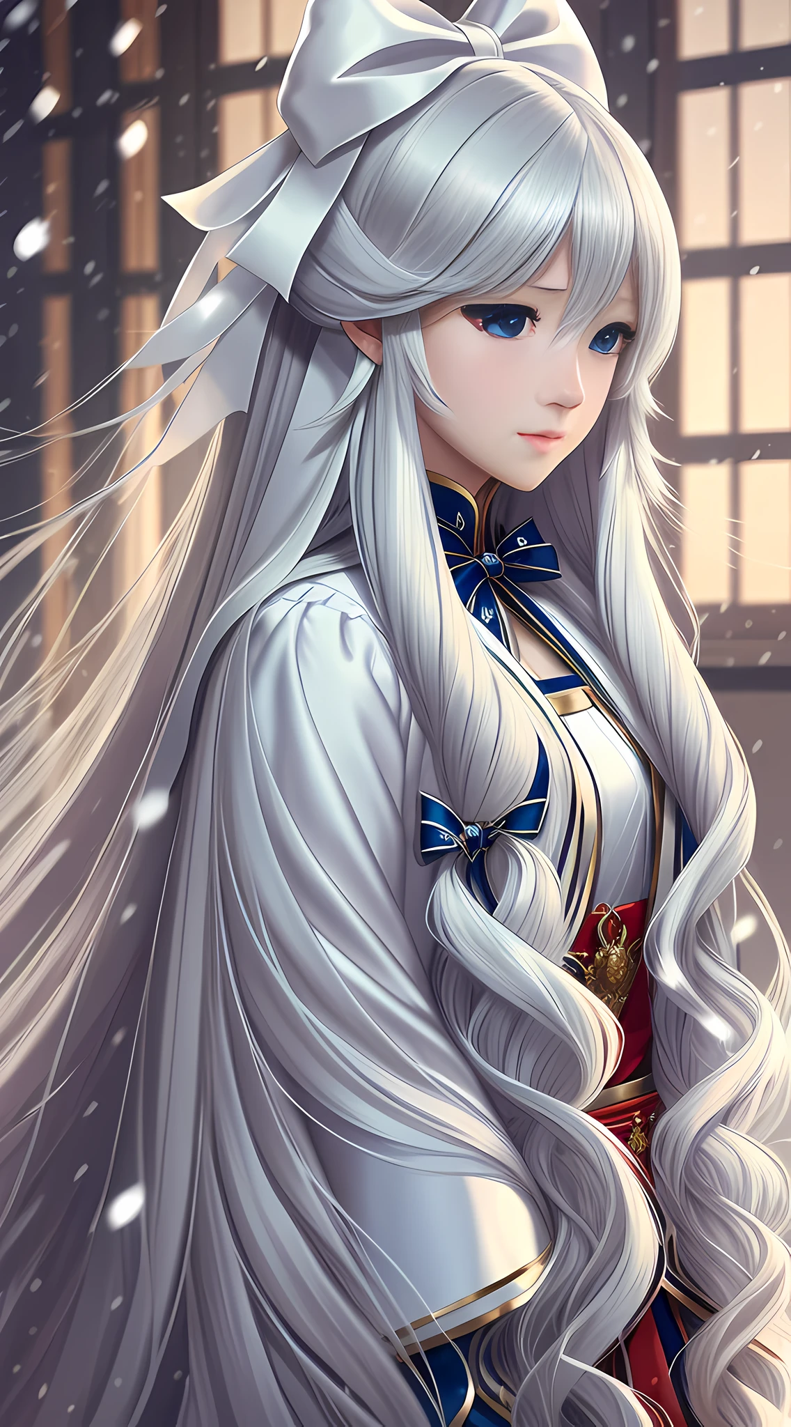 Long hair like snow appears in Güwetz art, bows dot his hair, nuanced style, by Yuyu wanders in the picture, delicate Yu, soft tones, as if the champion of the whole game, perfect body proportions, realistic. - Pixiv from YKDBOOM.