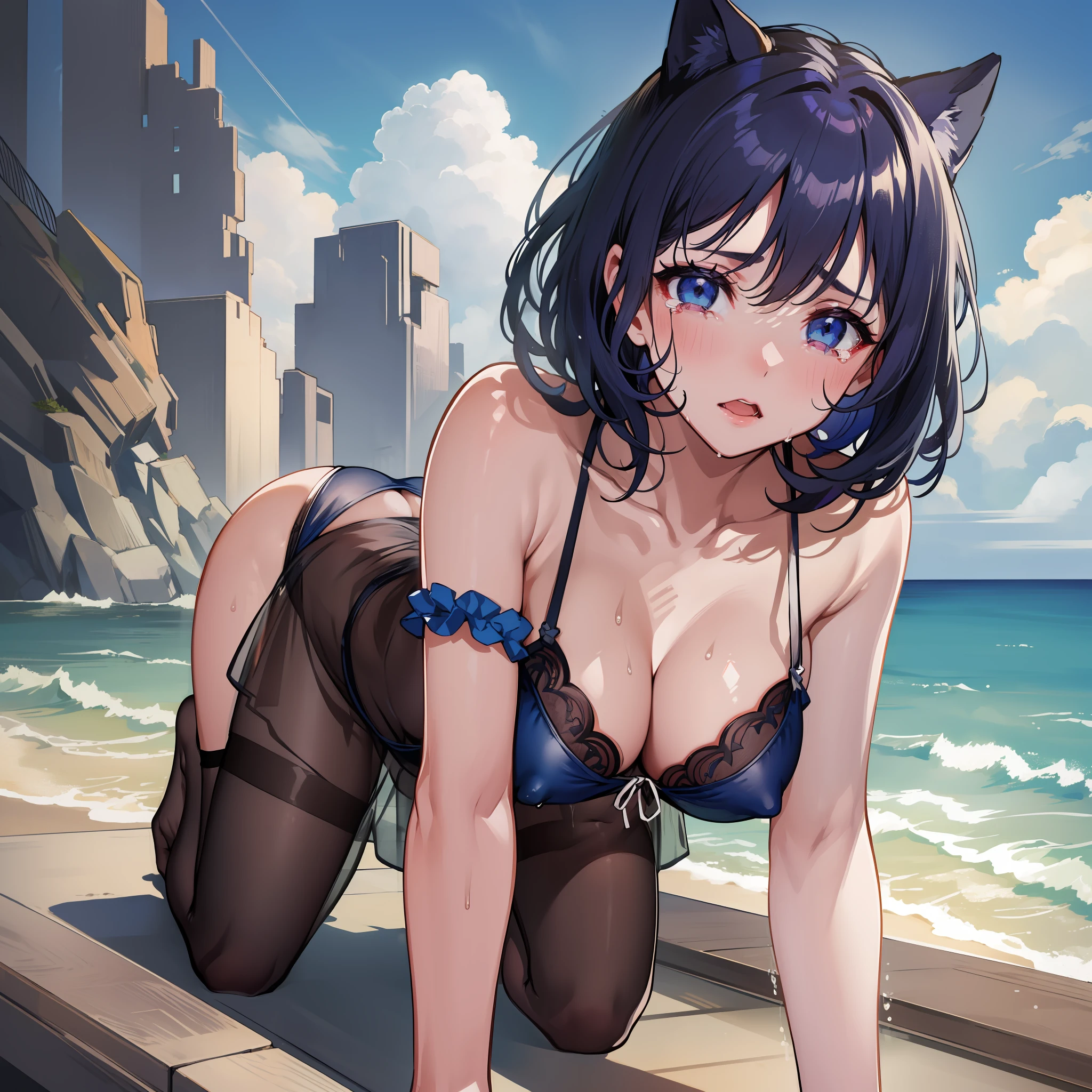 (Name), ((Best Quality)), (Super Detail), 1 Girl, Crawling on All Fours, Dark Blue Hair Color, Short Hair, Sea, Clouds, Tan, ((NSFW See-Through Lingerie)), Hair Between the Eyes, Dark Blue Eyes, Beaded Bracelets, Wrist Scrunchies, Long Nails, Crying Face, Sweat, Wet Body, Wet, Bangs, Medium Breasts, Cleavage, Fixed Fingers, looking_al_Viewer, Cowboy shots, rich detail, perfect image quality,