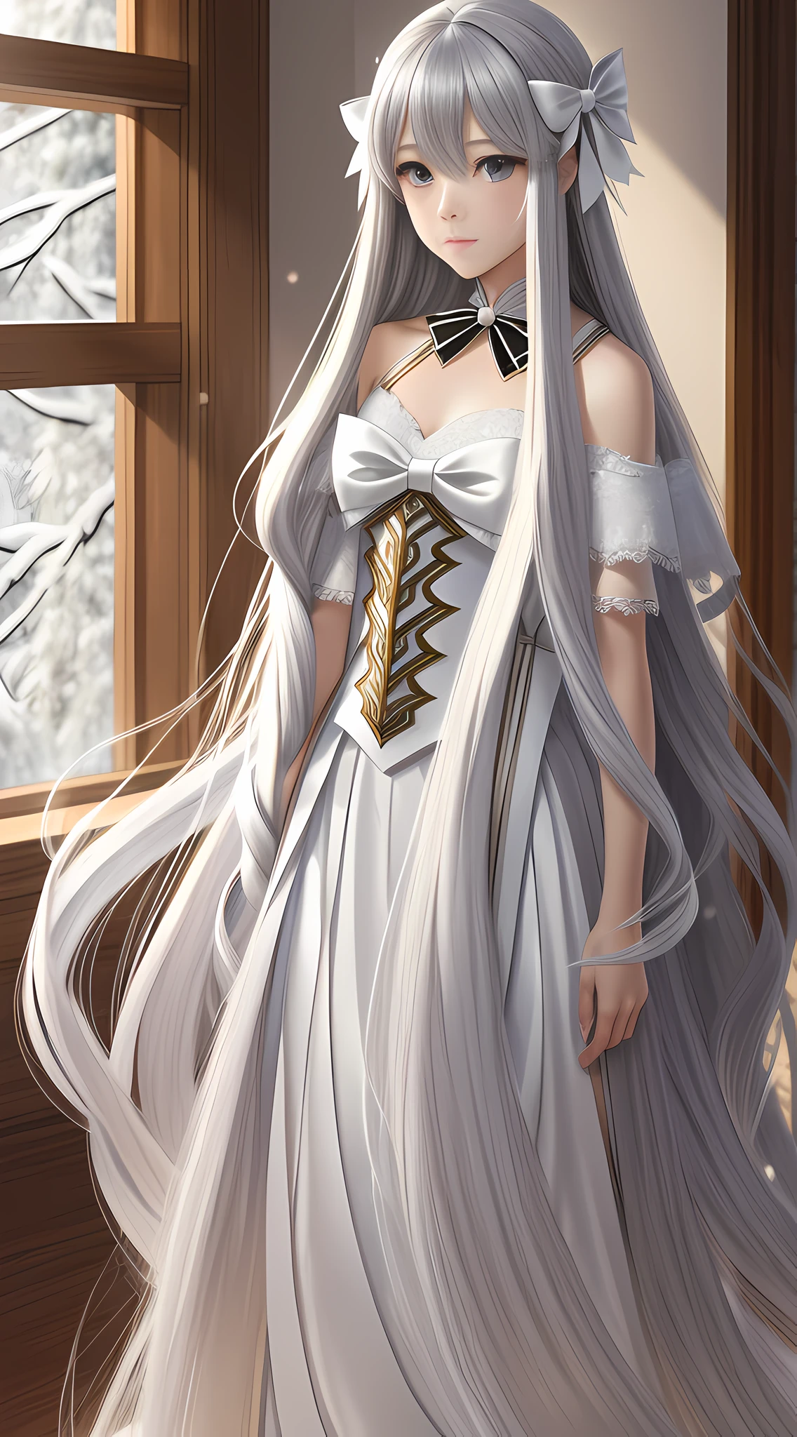 Long hair like snow appears in Güwetz art, bows dot his hair, nuanced style, by Yuyu wanders in the picture, delicate Yu, soft tones, as if the champion of the whole game, perfect body proportions, realistic. - Pixiv from YKDBOOM.