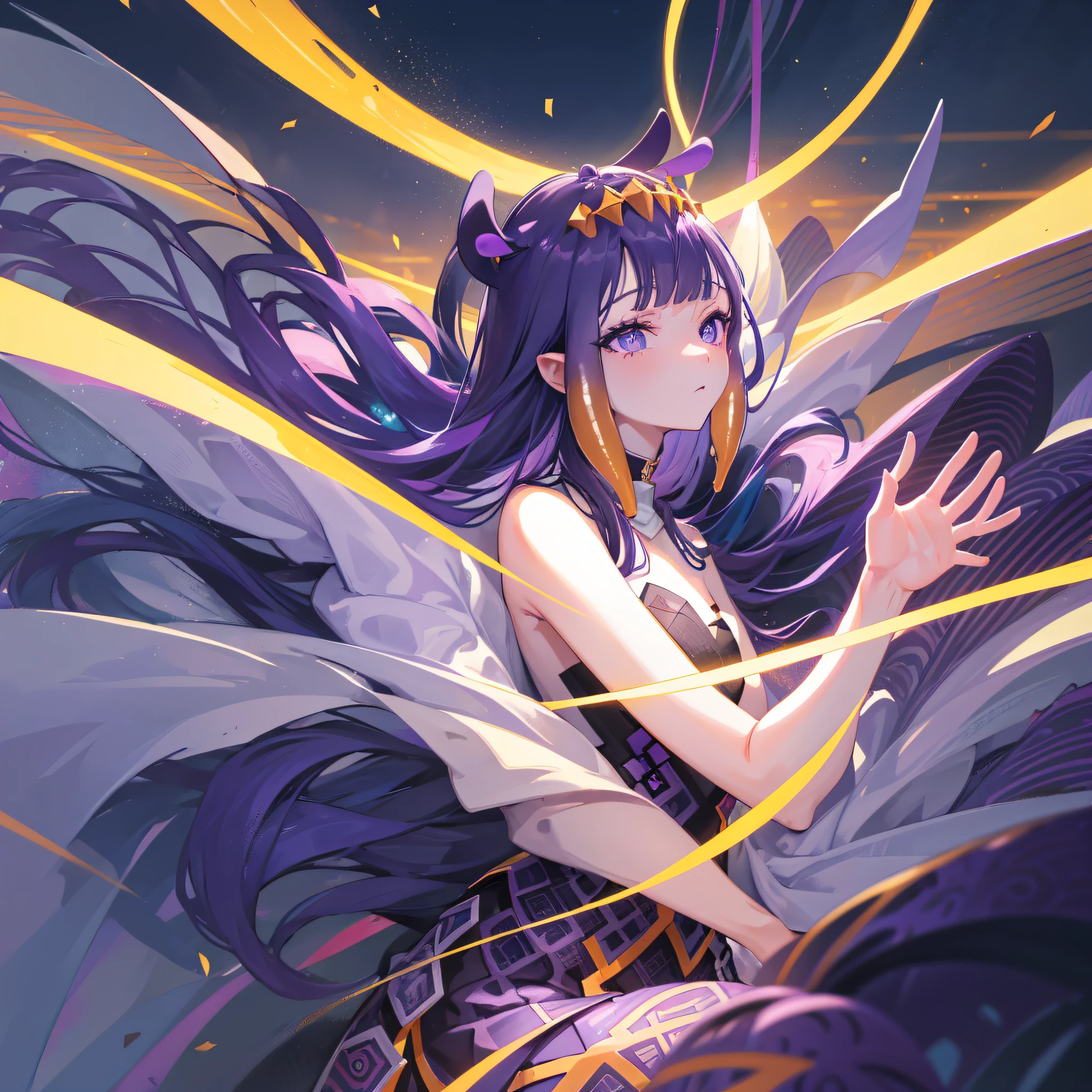 (人物: Ninomae Ina'Nis), {purple hair}, tentacle hair, purple eyes,  a golden tiara, {{masterpiece}}, best quality, extremely detailed CG unity 8k wallpaper, cinematic lighting, lens flare, beautiful detail eyes, side glance, colorful light, particles, a girl, solo,