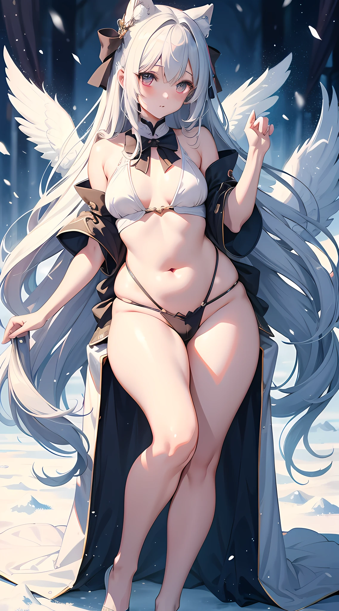 Long hair like snow appears in Guwiz art, bows dot its hair, nuanced style, by Yuyu wandering in the picture, delicate Yu, soft tones, as if the champion of the competition, perfect body proportions, sexy girl, plump, slender long legs, realistic style. - Pixiv from YKDBOOM.