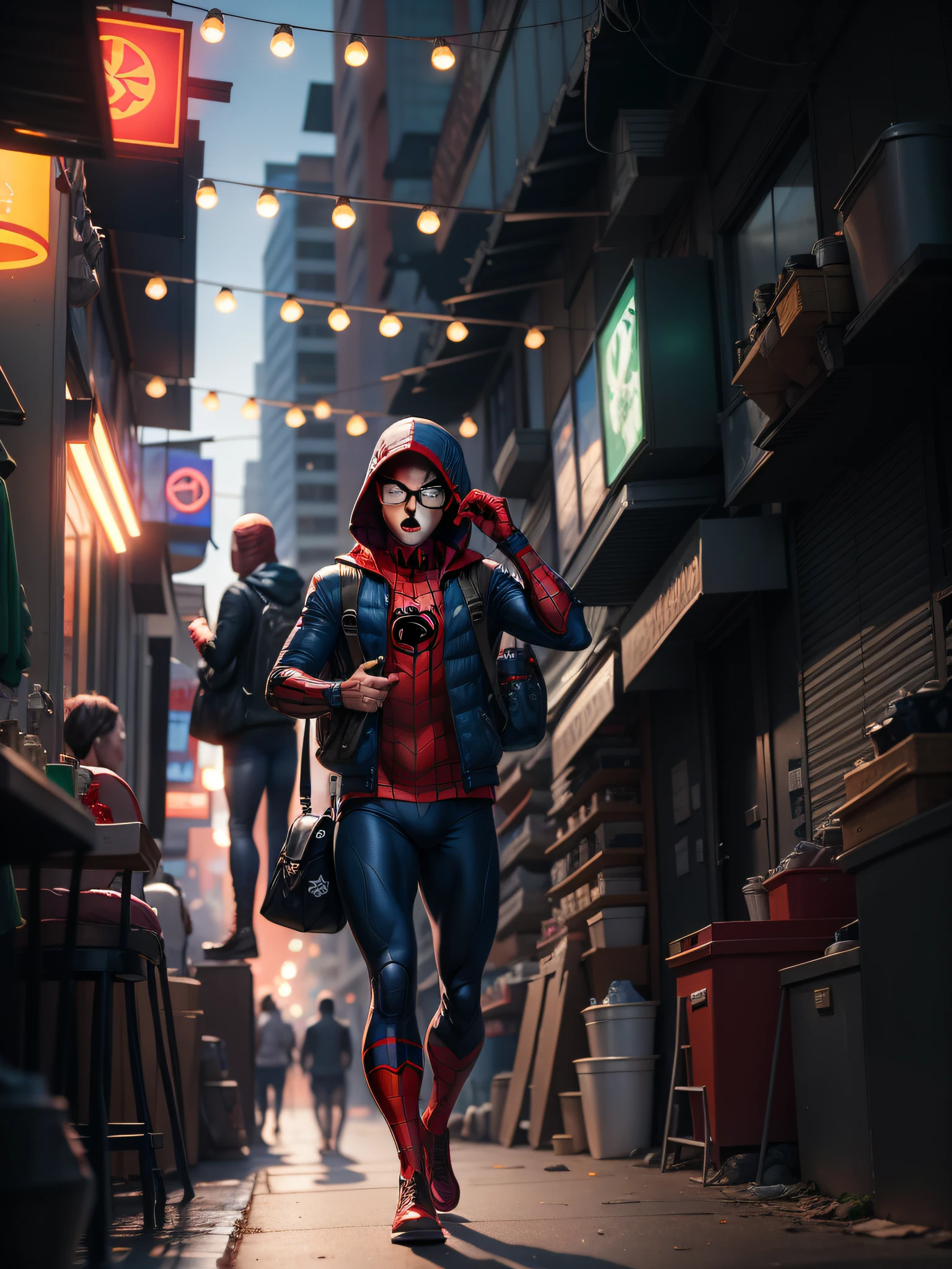 Masterpiece, glasses, Spider-Man mask, Spider-Man tights, looking at the audience, red hood, black hair, backpack, smile, sci-fi, animation --auto --s2