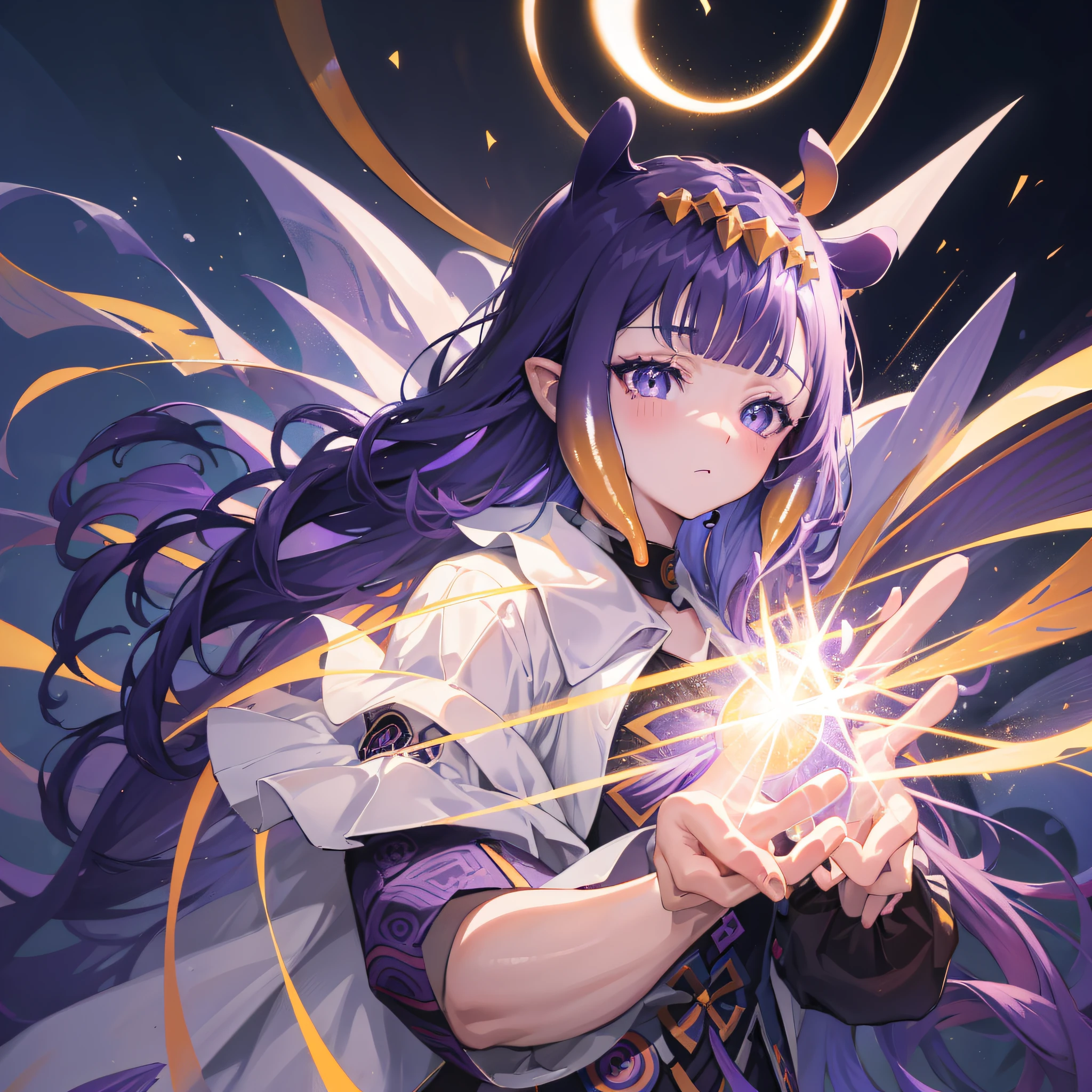 (人物: Ninomae Ina'Nis), {purple hair}, tentacle hair, purple eyes, a golden tiara, {{masterpiece}}, best quality, extremely detailed CG unity 8k wallpaper, cinematic lighting, lens flare, beautiful detail eyes, side glance, colorful light, particles, a girl, solo,