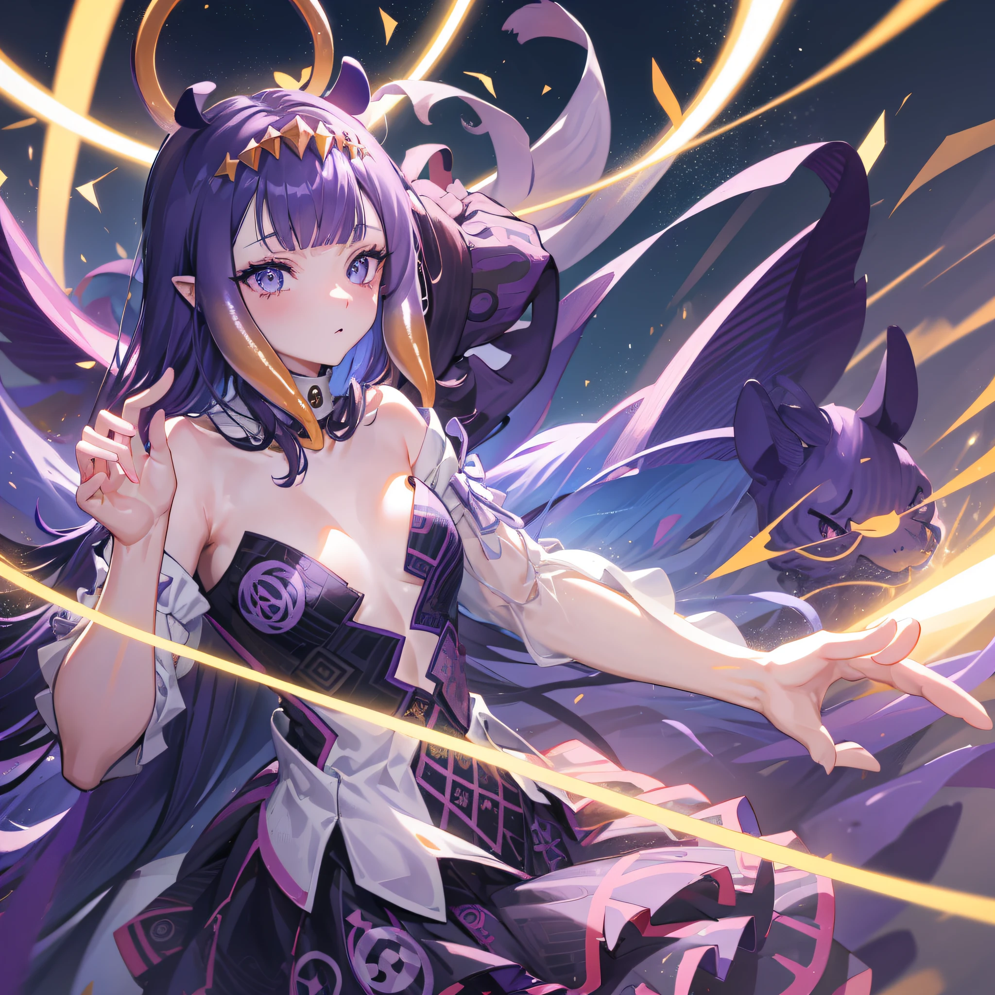 (人物: Ninomae Ina'Nis), {purple hair}, tentacle hair, purple eyes, a golden tiara, {{masterpiece}}, best quality, extremely detailed CG unity 8k wallpaper, cinematic lighting, lens flare, beautiful detail eyes, side glance, colorful light, particles, a girl, solo,