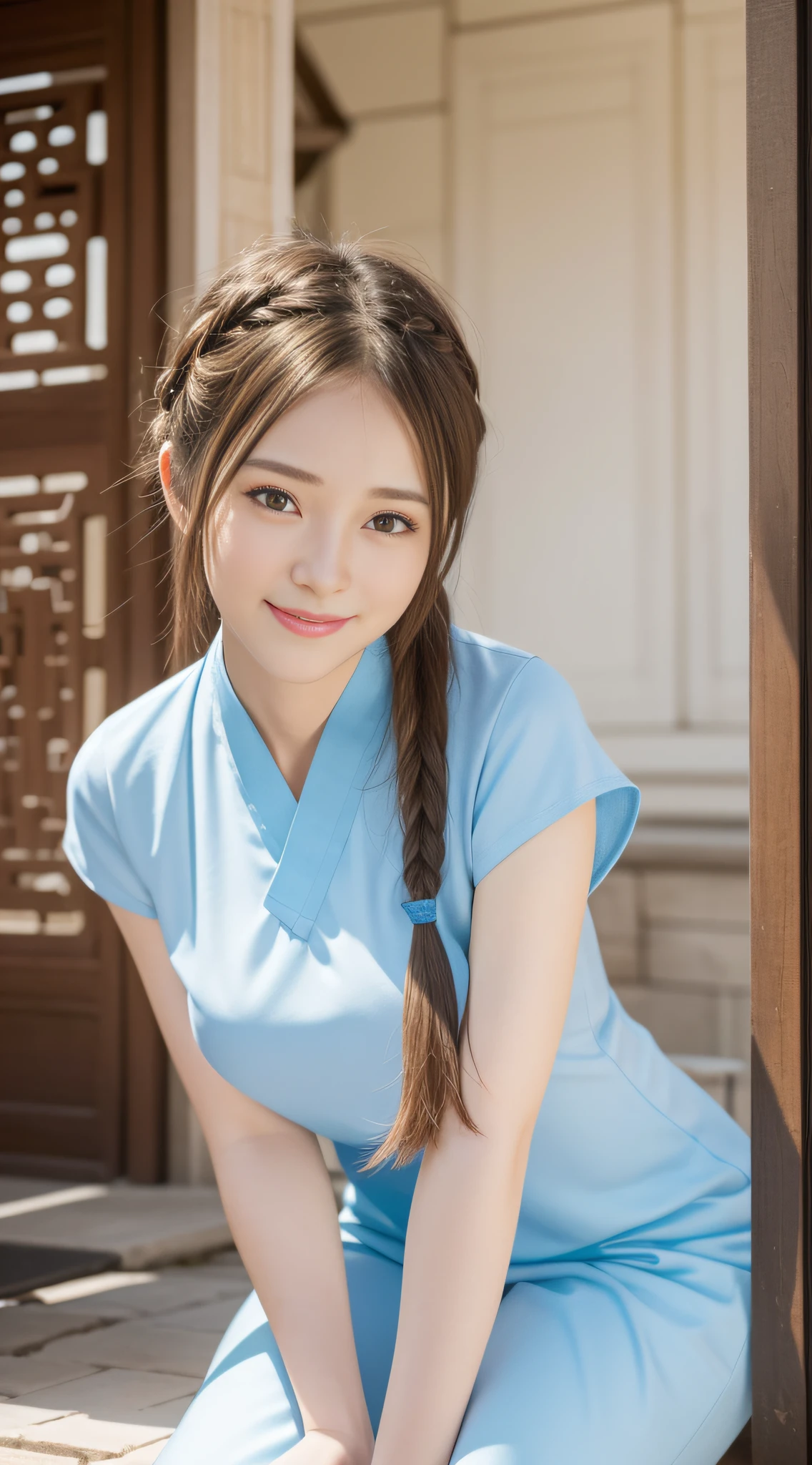 (8k, RAW photos, best quality, Masterpiece: 1.2), (Realistic, Realistic: 1.37), Ultra High Resolution, Photon Mapping, Physically Based Rendering, 1 Girl, (Brunette Hair: 1.3), Double Braided Hair, bangs,Long Legs, Half-body,Detailed Face, Detailed Eyes, Huge Breasts, Shiny Skin, Looking at the Audience, (Light Smile Cute: 1.2), (Happy), Healing Cute , night,(Chinese style ancient architecture: 1.2), (Positive natural light: 1.2),hanstyle, Light blue han clothing, Light blue hanfu,