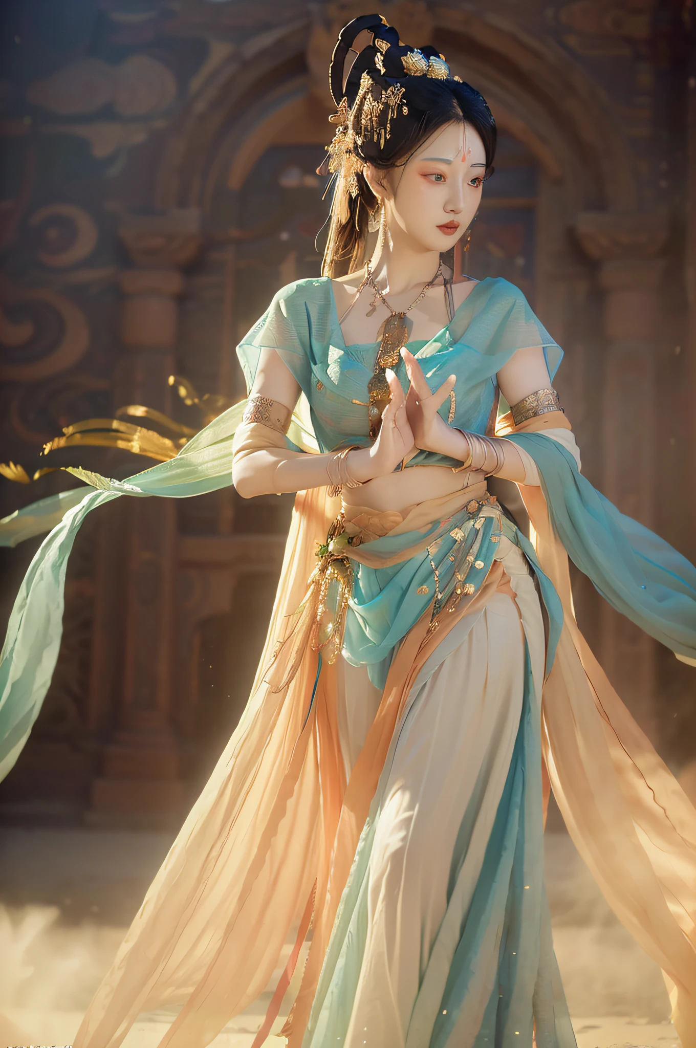 (8k, RAW photo, best quality, masterpiece:1.2), (realistic, photo-realistic:1.4), (extremely detailed CG unity 8k wallpaper), 1 girl solo, (from below:1.2), dance, dunhuang_dress, dunhuang_style, dunhuang_background,
