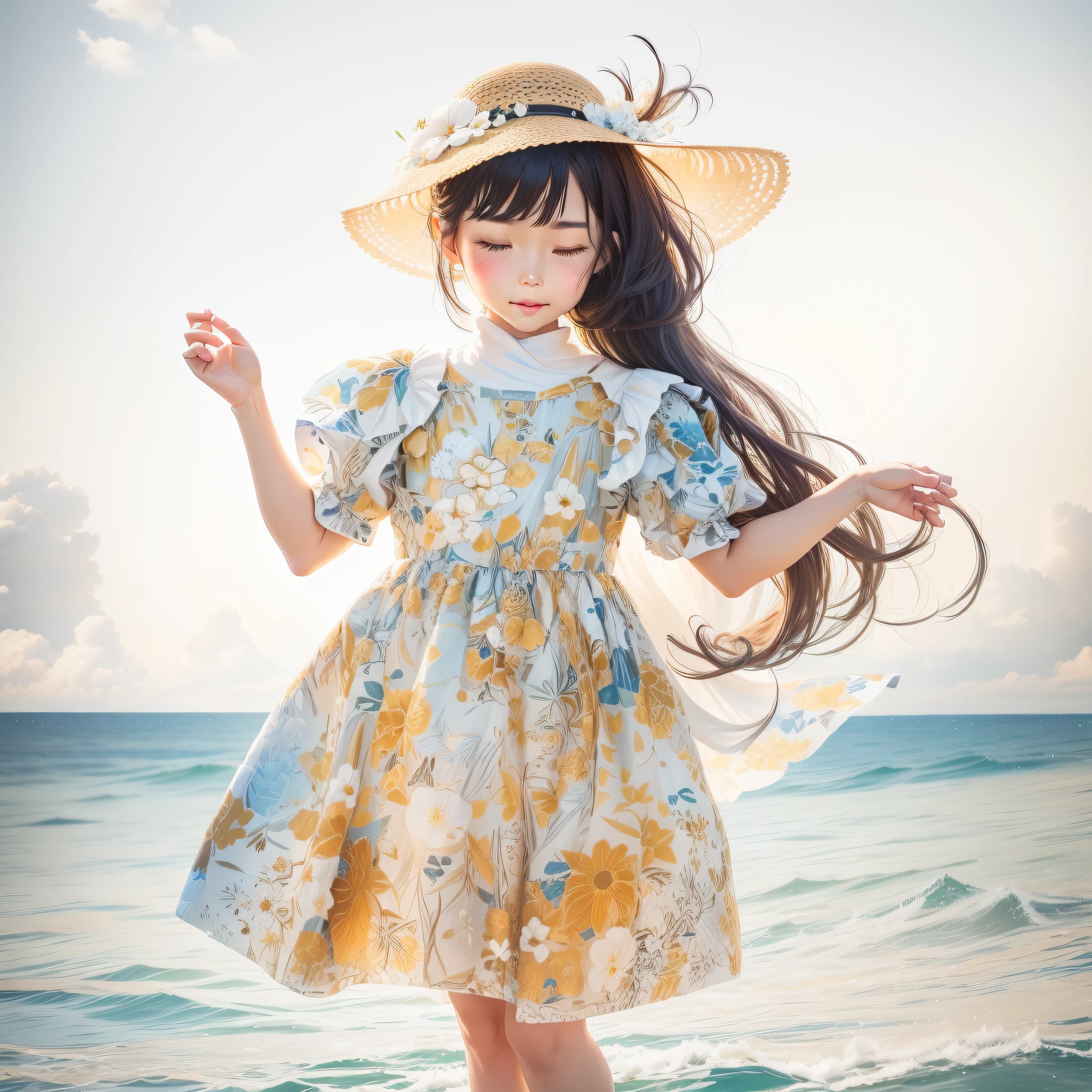 A , a beautiful 5-year-old Kore mixed-race European girl, two braids, a little messy bangs, cute face, (perfect face: 1.1), white skin, (high detail skin: 1.2), calm smile, eyes closed: 1.2, dancing pose, soft light, golden sunlight, emitting a soft glow on the face. She wears a white floral dress in the style of oil painting: 1.5, (realistic photo, natural light) In the background, there is a peaceful sea, blue sky, petals flying, she dances by the sea. Sunlight, dappled sunlight, day, depth of field, soft lighting, gorgeous light and shadow, stunning environment, vivid colors. Novel Cover, Masterpiece, Highest Quality, (High Detail: 1.1), Ultra Detail, Digital Art, Studio Quality, Smooth Rendering, Unreal Engine 5 Rendering, Octane Rendering, 8K, 8K UHD, DSLR, High Quality, Photo, High Resolution, Bokeh, --auto --s2