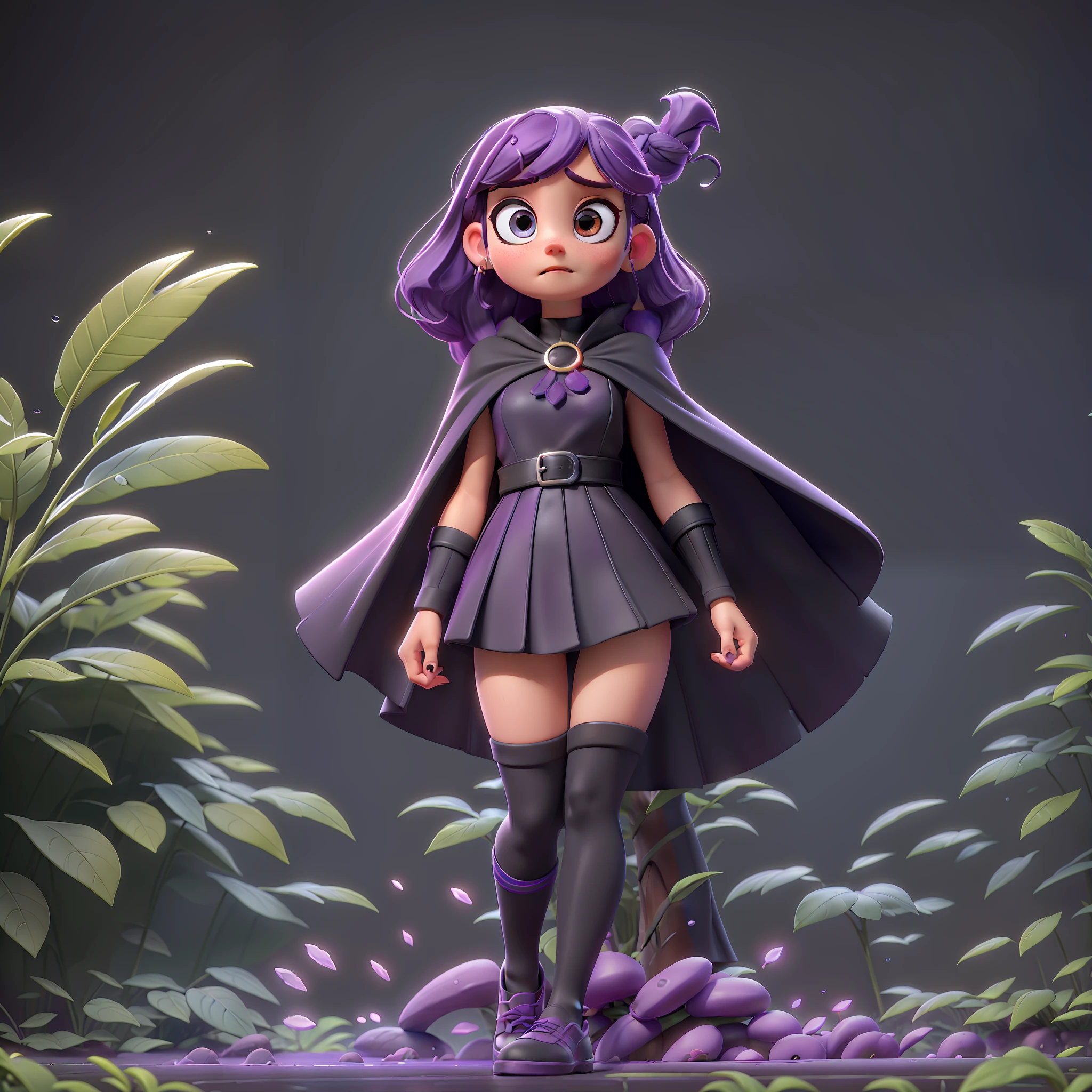 Q version, girl, purple hair, big round eyes, cute expression, wearing a black cape, in the rain, several plants under the feet, black background, depth of field, movie photos, 3D art, high quality, extremely detailed, 16K