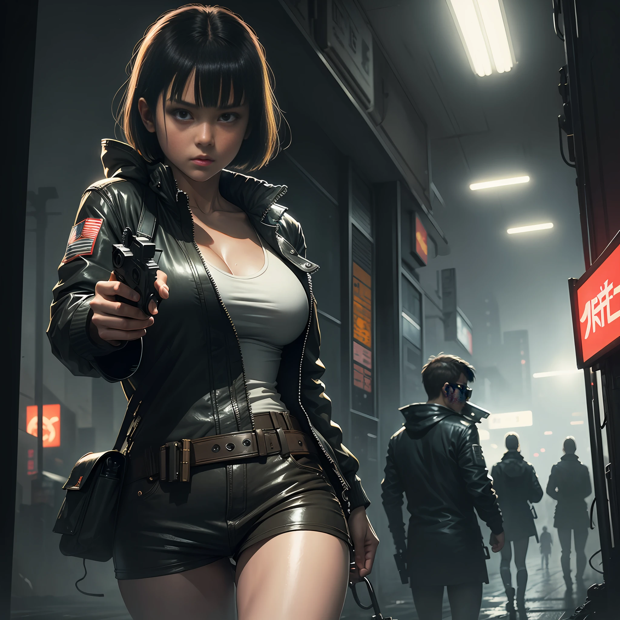 Blade Runner-like atmosphere, Katsuhiro Otomo style illustration, girl shooting a handgun, cleavage, muzzle point at viewer, muzzle flash, heavy rain, flash --auto --s2