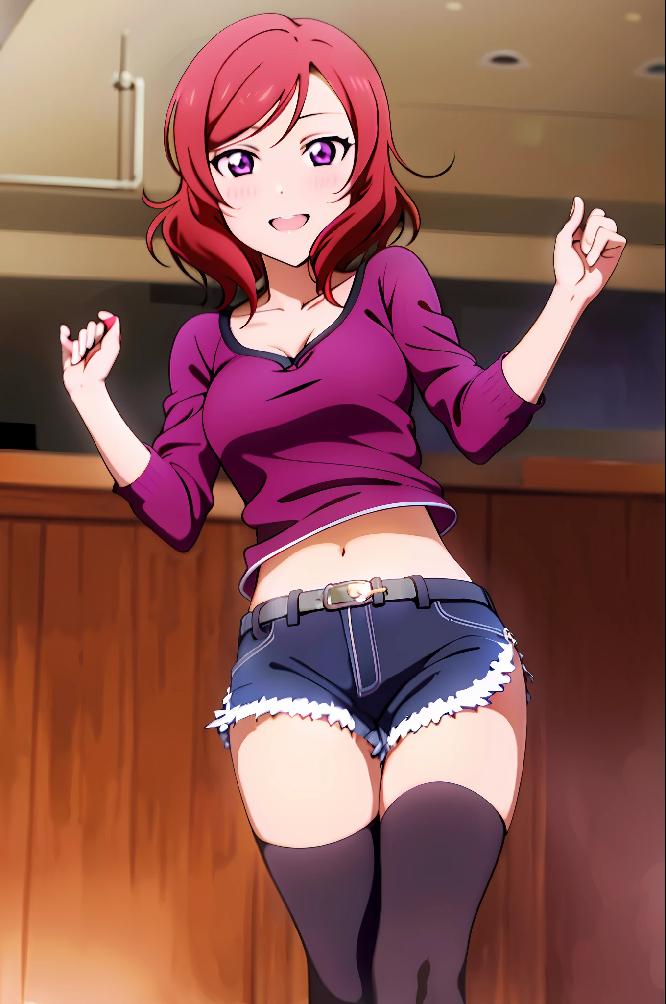 nishikino_maki,  masterpiece, best quality, highres, 1girl, solo, anastasia (idolmaster), idolmaster cinderella girls, purple eyes, shorts, short hair,  red hair, crop top, short shorts, cowboy shot, smile, upper_body, sexy pose,