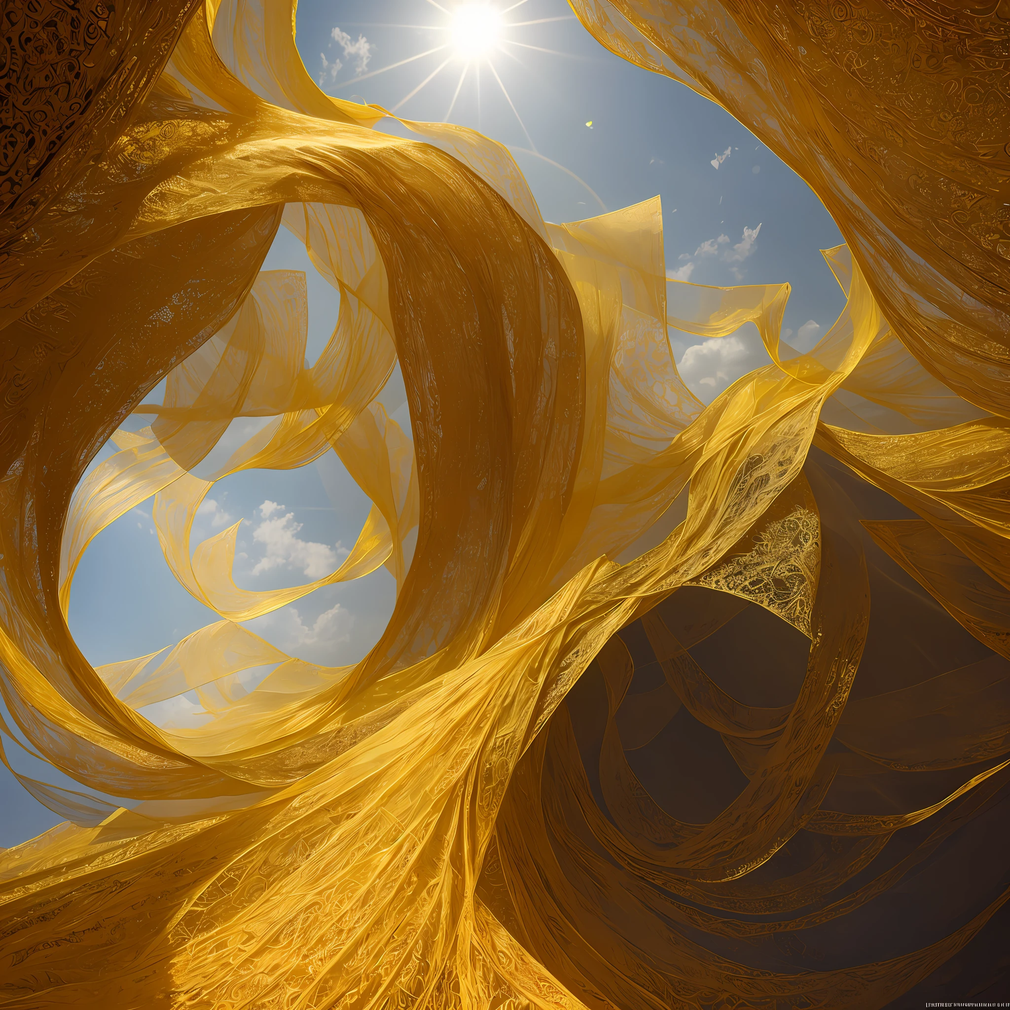 Masterpiece, extreme quality, Cg unity 8k wallpaper, super delicate, close-up of yellow silk fabric with a lot of folds, golden silk, draped in silky gold, golden smooth material, silk flowing in the wind, golden linen, excellent scenery, in the eyes of the candidates, like an award-winning photo contest work, background bokeh, full depth of field, HDR high dynamics, real restoration, intricate, extreme detail, dramatic presentation, perfect presentation of midjourney-style art style.