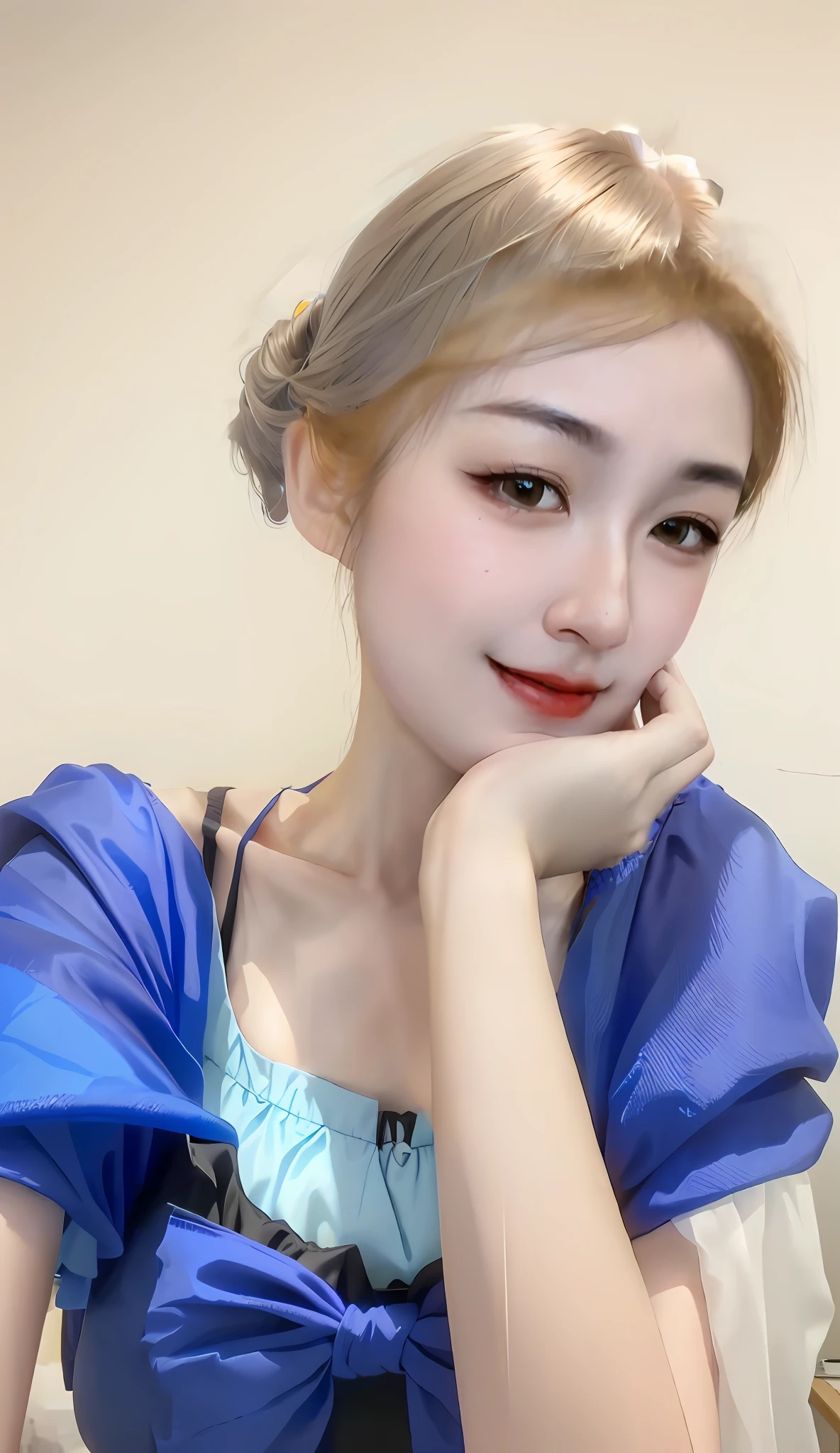 There is a woman posing for a photo, wearing a blue dress, 8K selfie photo, young and cute Wanya face, Sakimichan, Chen Xintong, Ruan Jia beautiful! , 1 8 yo, Ruan cute vtuber, cute and delicate face, cute thin face of girls, popular in CGSTATION, Sung Yanjun, golden hair, sexy collarbone, slender arms, small chest